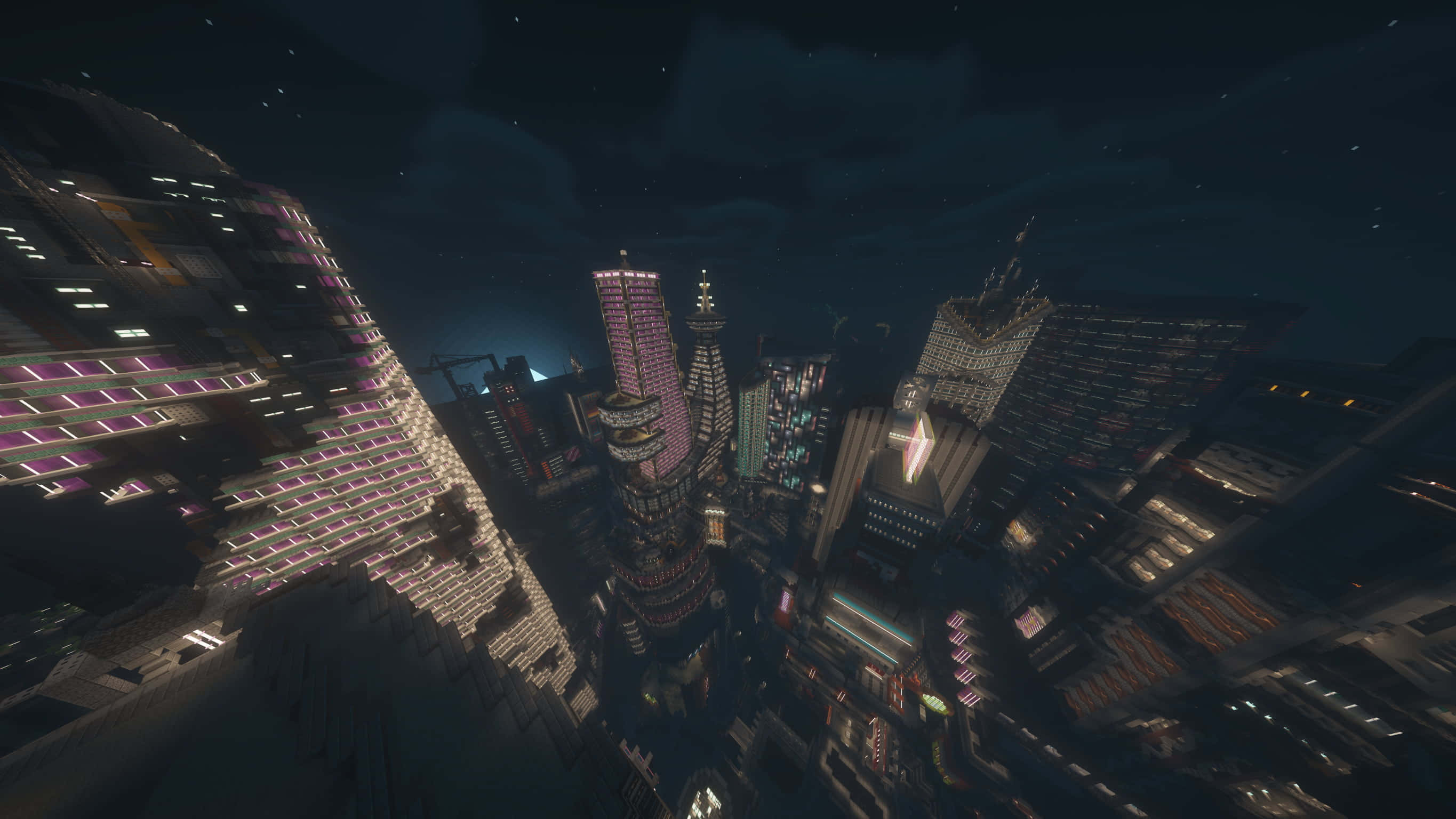 Minecraft City, nighttime aerial view, futuristic cityscape, 2K Desktop Wallpaper