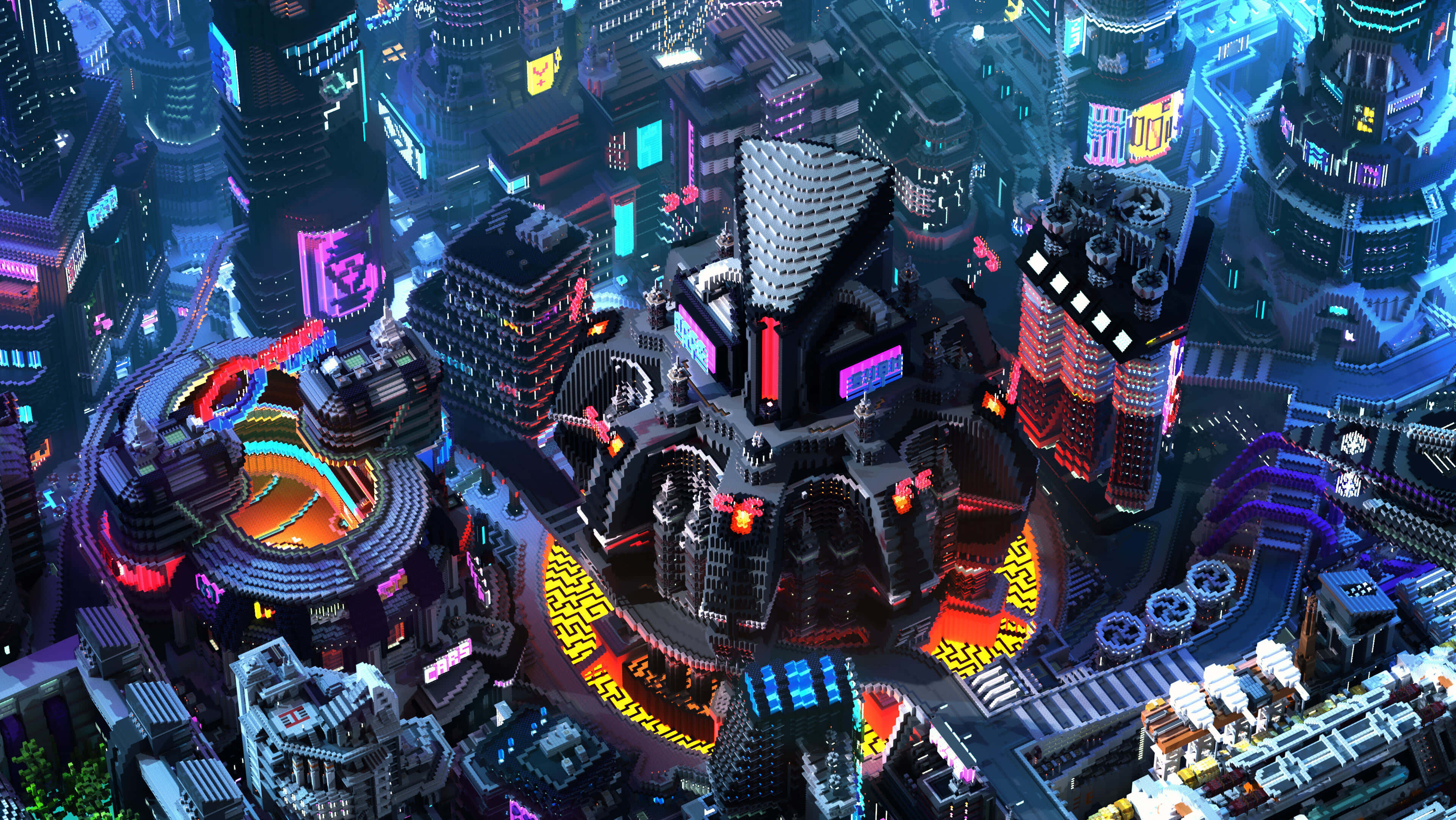 Minecraft City, cyberpunk cityscape, neon lights, 4K Desktop Wallpaper
