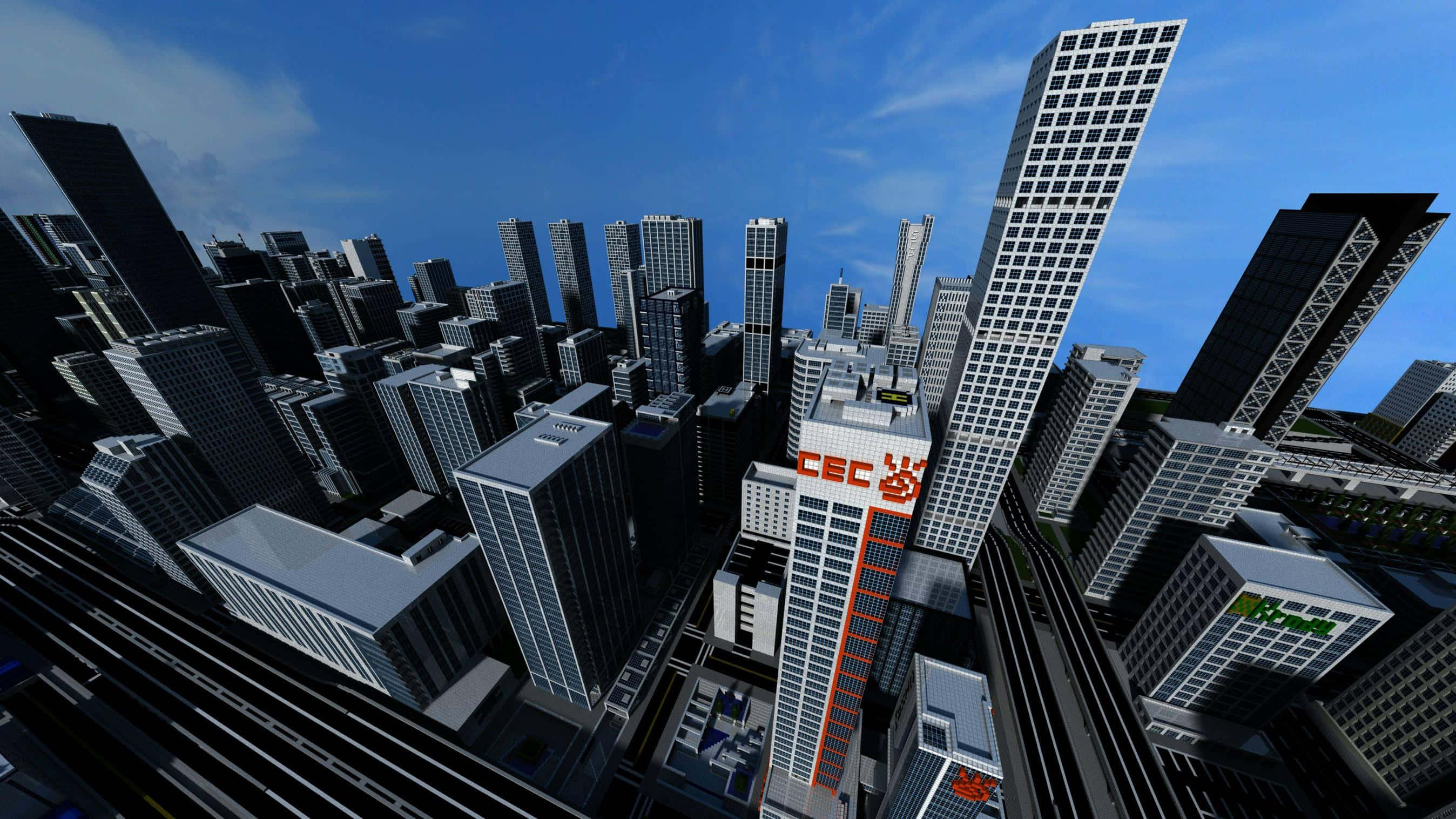 Minecraft City, skyscrapers, glowing lights, 2K Desktop Wallpaper