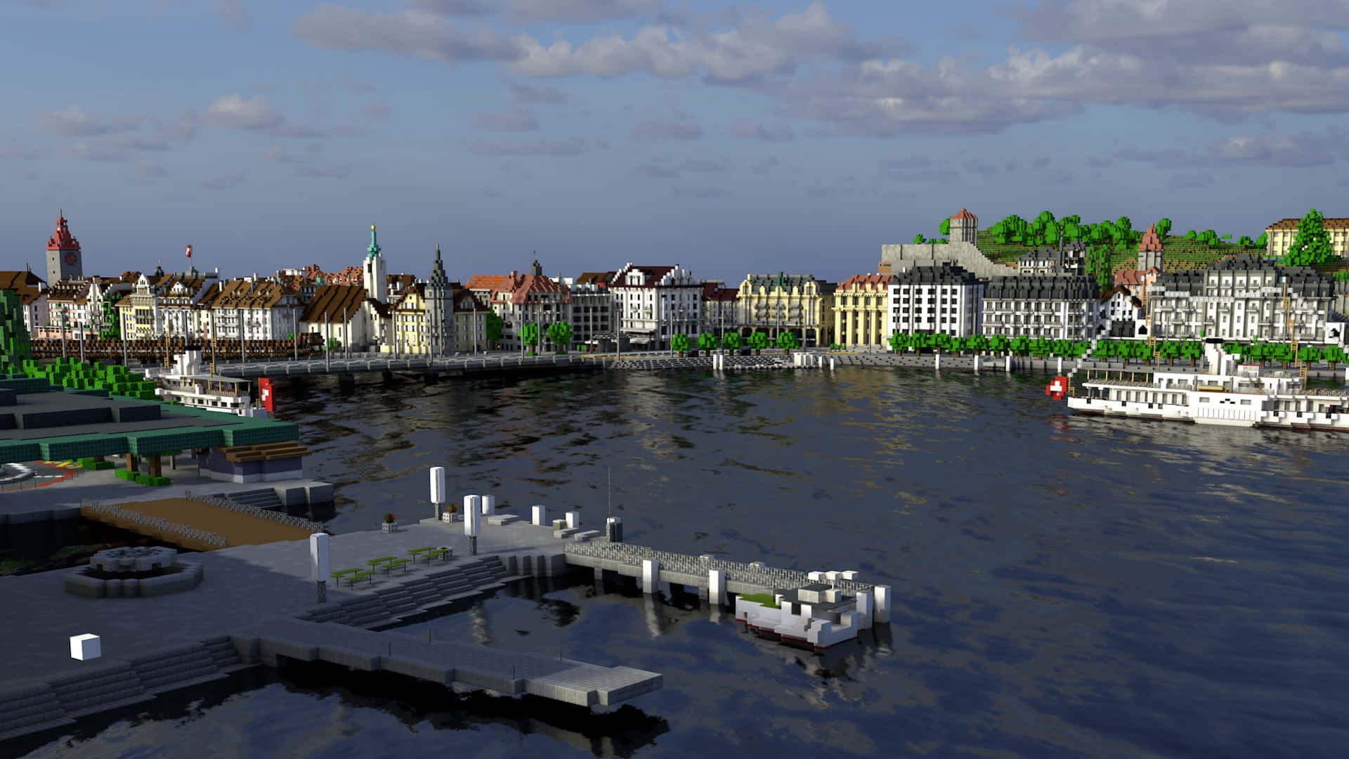 Minecraft City, 3d-rendered cityscape, river, Full HD Desktop Wallpaper