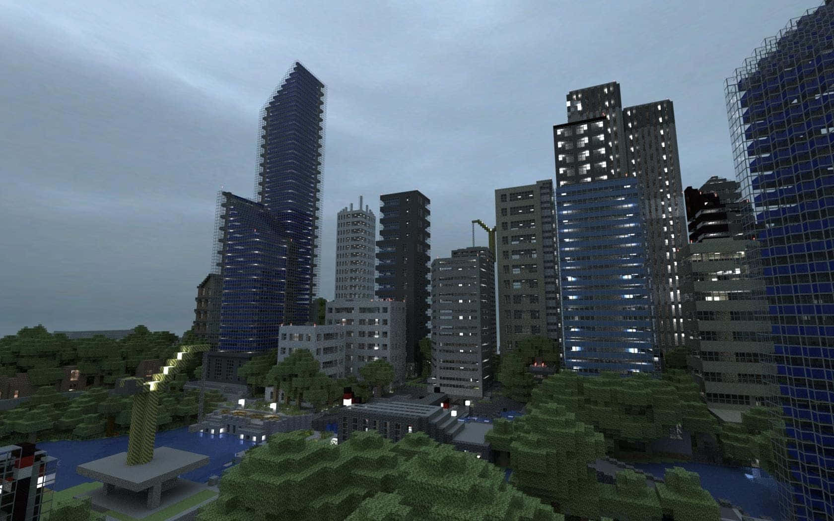 Minecraft City, pixelated Minecraft cityscape, towering skyscrapers, HD Desktop Wallpaper