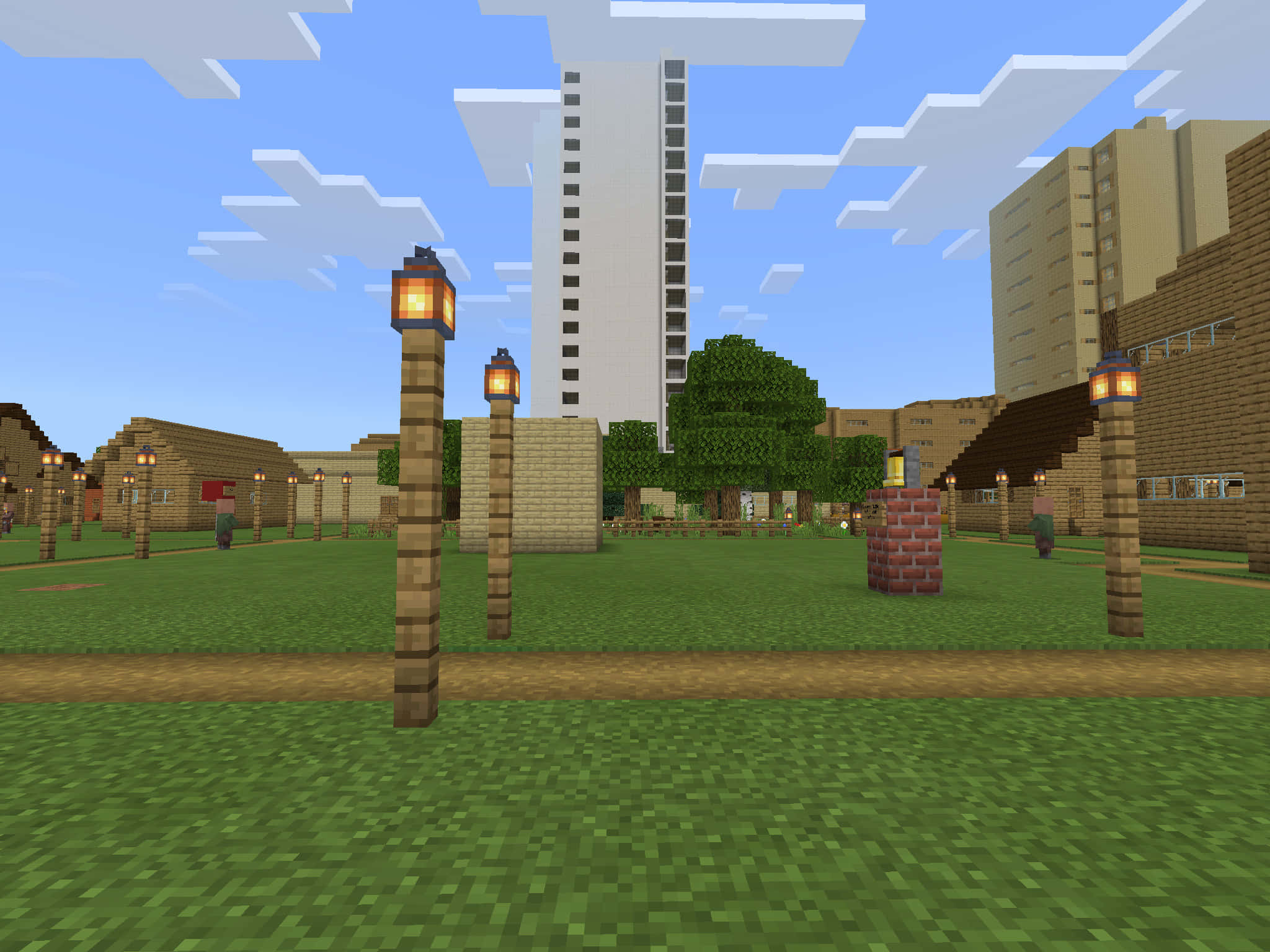 Minecraft City, pixelated grass lampposts, blue sky, Full HD Desktop Wallpaper