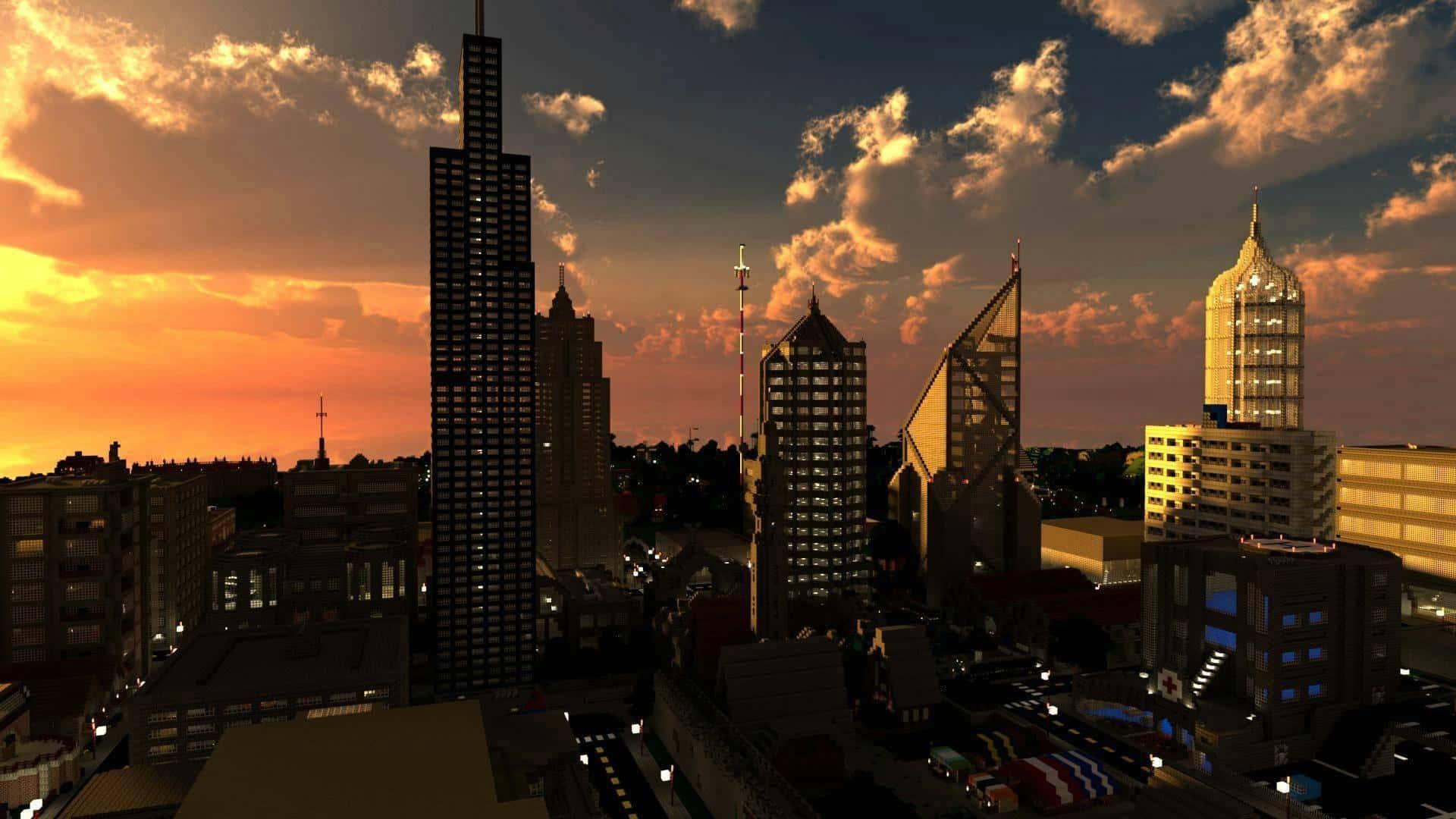 Minecraft City, sunset, skyscrapers, Full HD Desktop Wallpaper