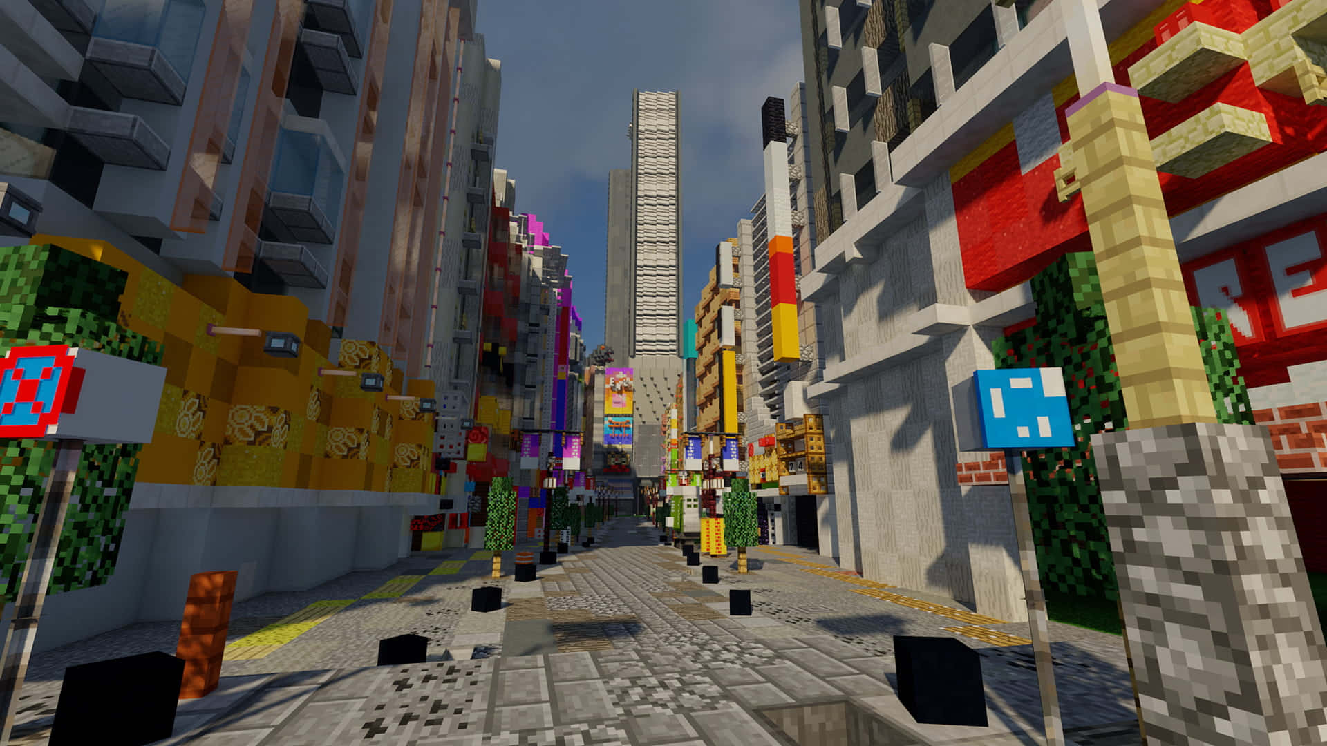 Minecraft City, pixelated city street, blocky buildings, Full HD Desktop Wallpaper