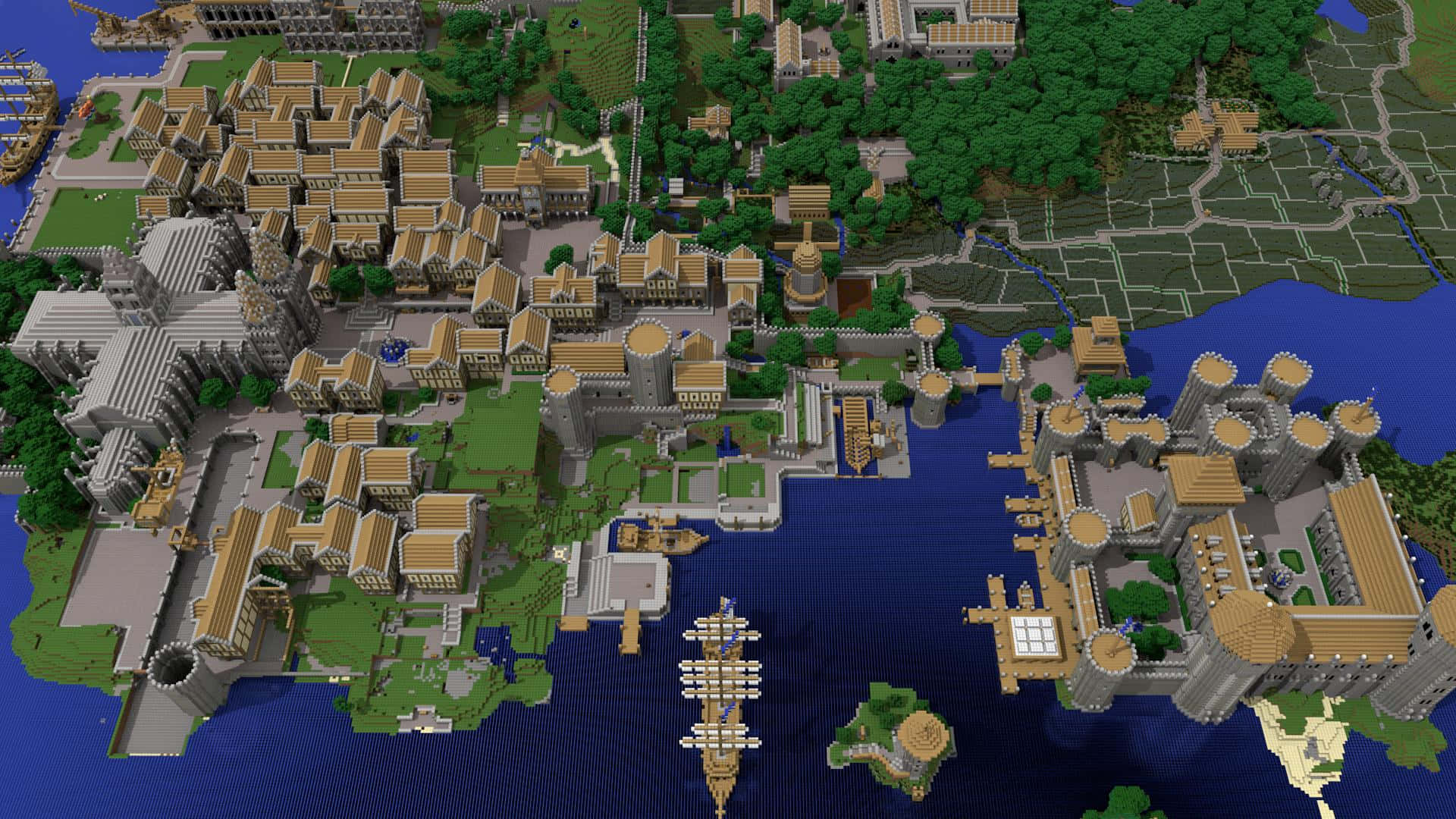 Minecraft City, medieval city, castle walls, Full HD Desktop Wallpaper