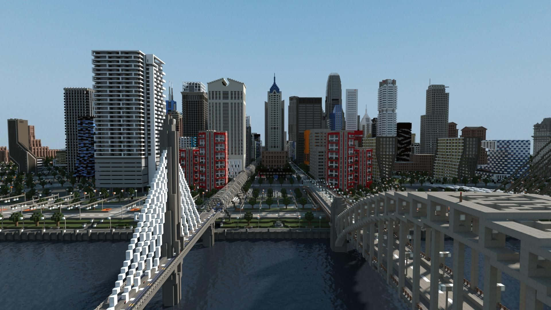 Minecraft City, Sunset, modern skyscrapers, Full HD Desktop Wallpaper