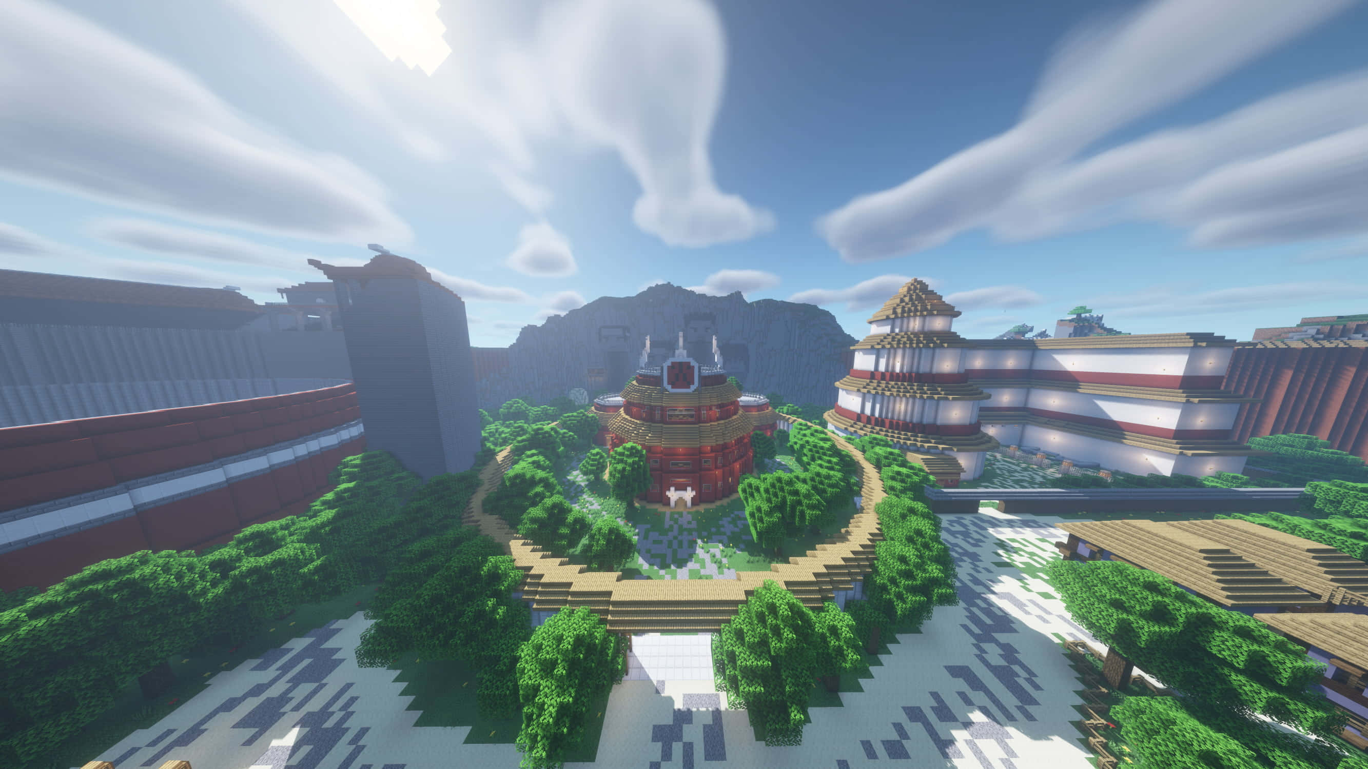 Minecraft City, red pagoda-style buildings, lush green trees, 2K Desktop Wallpaper