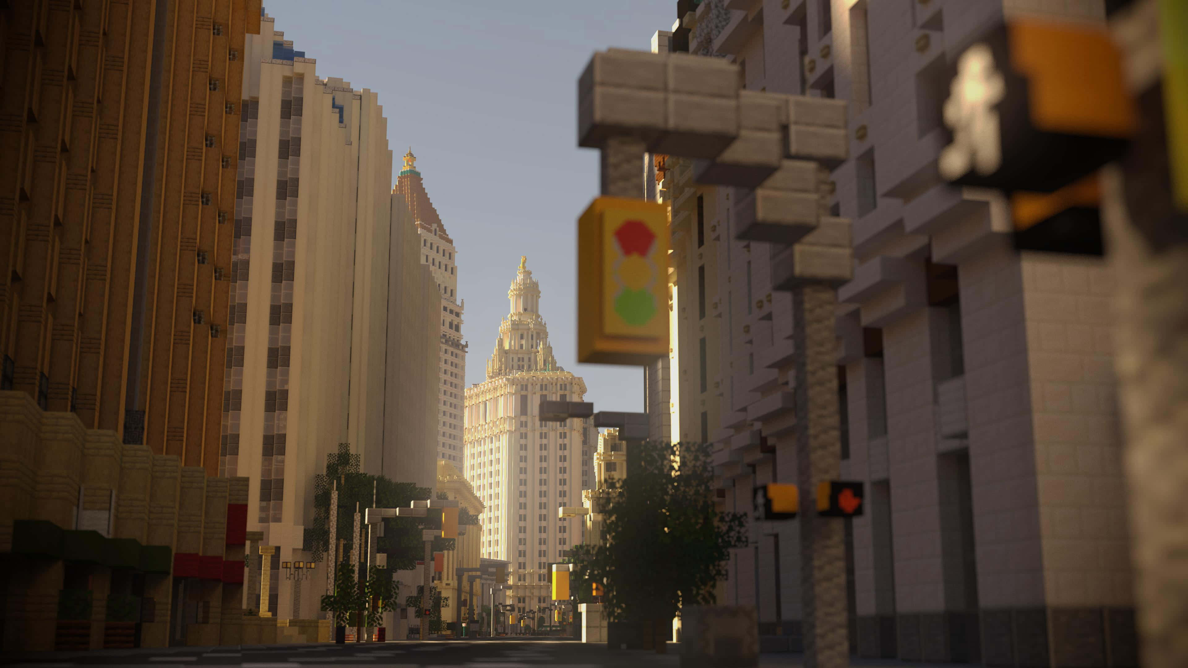Minecraft City, blocky LEGO style, sunlit city street, 4K Desktop Wallpaper