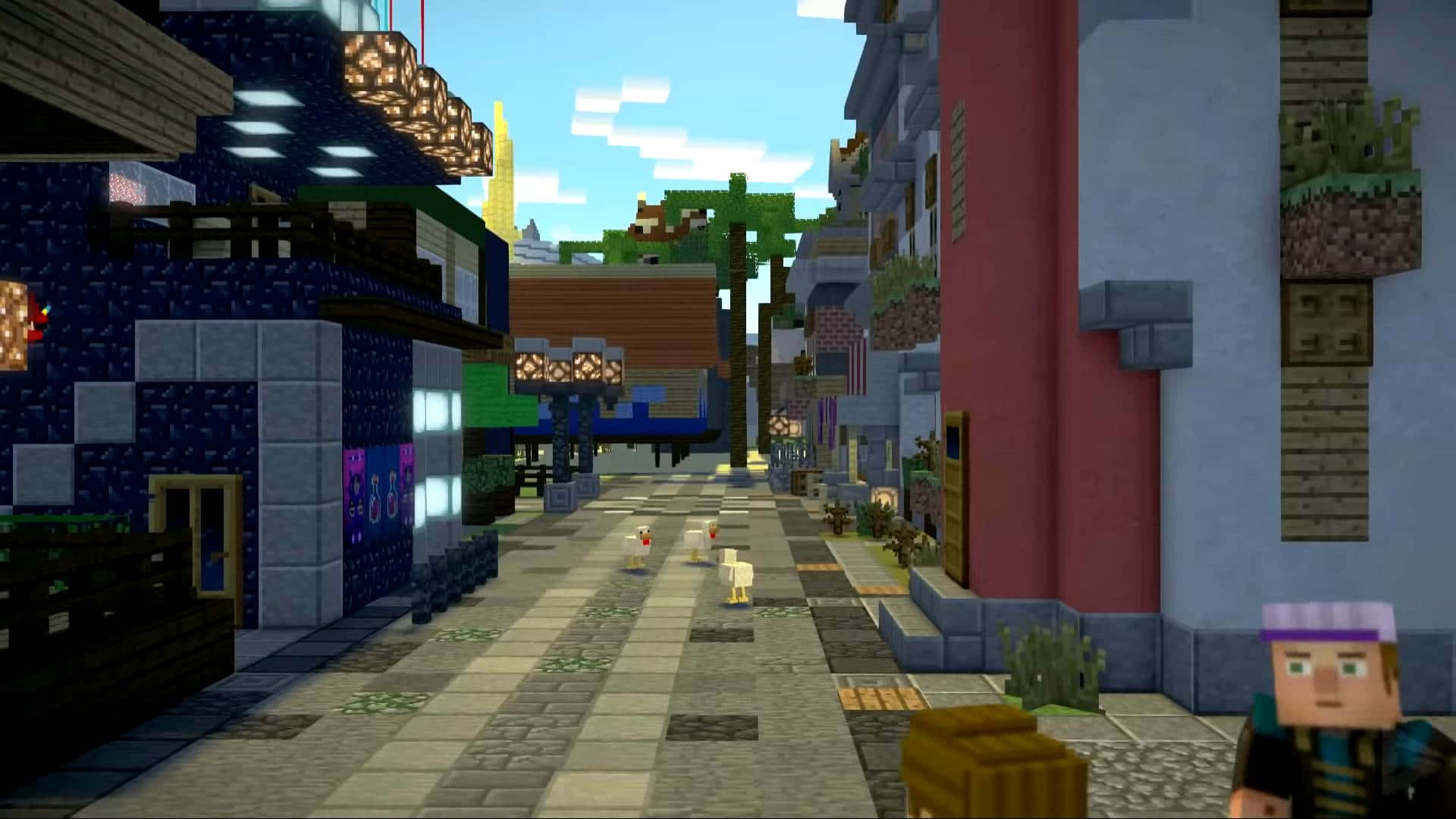 Minecraft City, Minecraft village street, pixelated buildings, Full HD Desktop Wallpaper