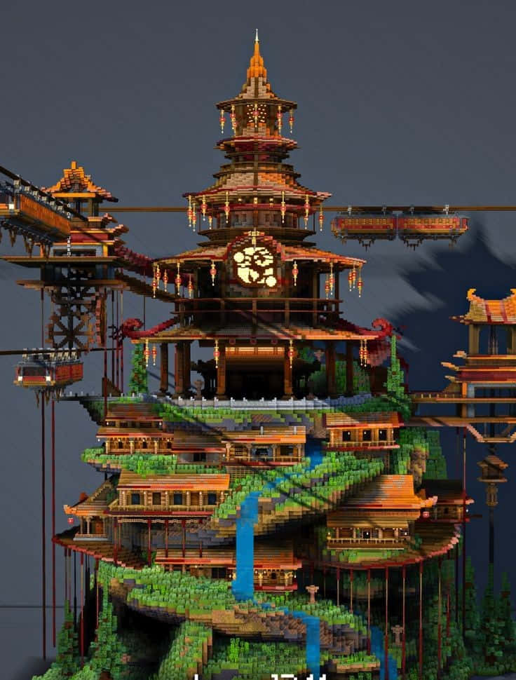 Minecraft, pixel-art, floating pagoda complex, SD Phone Wallpaper