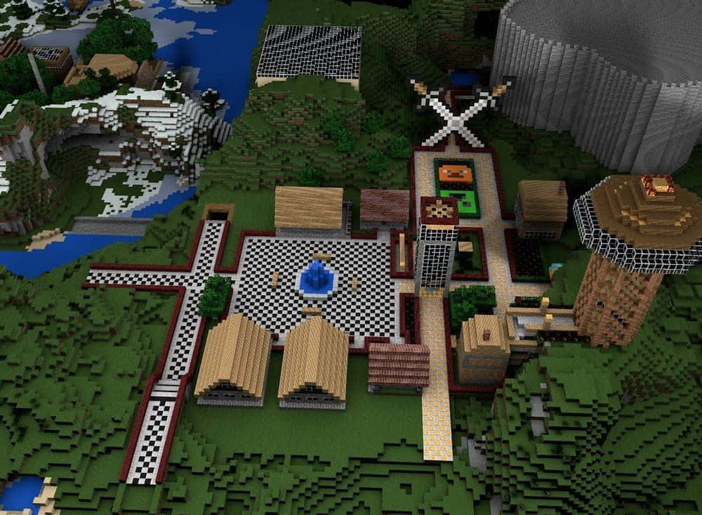 Minecraft City, checkered plaza fountain, wooden houses, SD Desktop Wallpaper