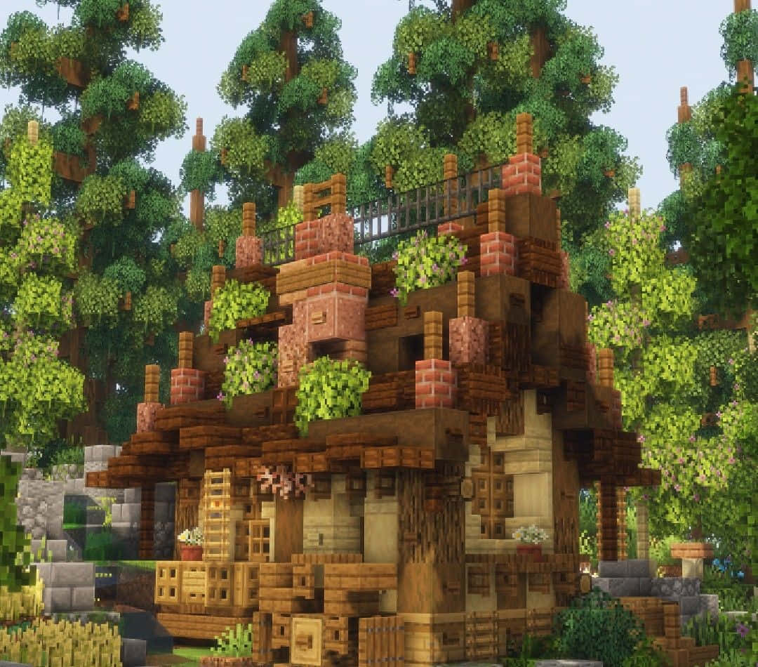 Minecraft City, Sunset, wood and brick blocks, SD Desktop Wallpaper