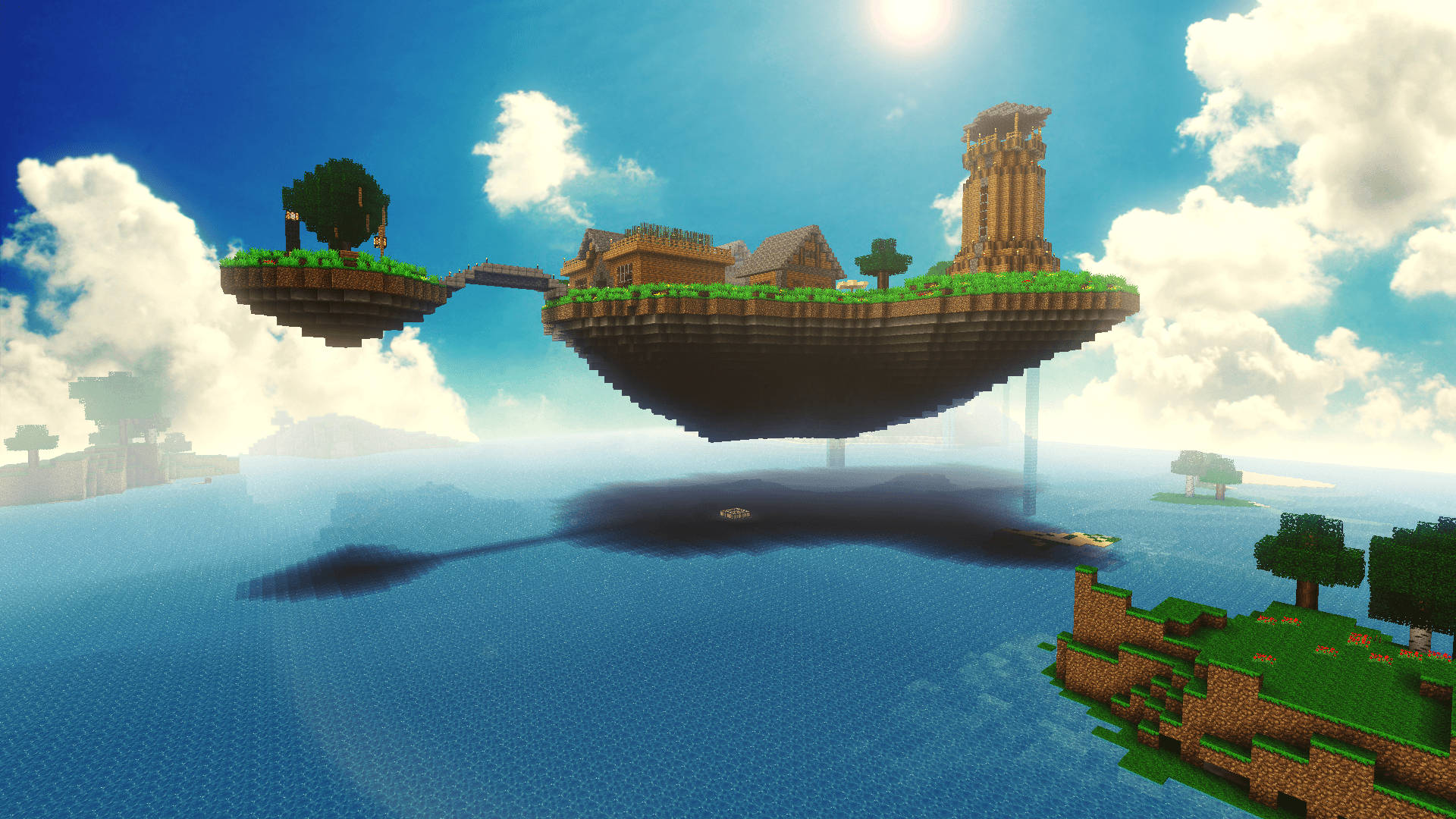 Minecraft, floating city, pixelated trees, Full HD Desktop Wallpaper
