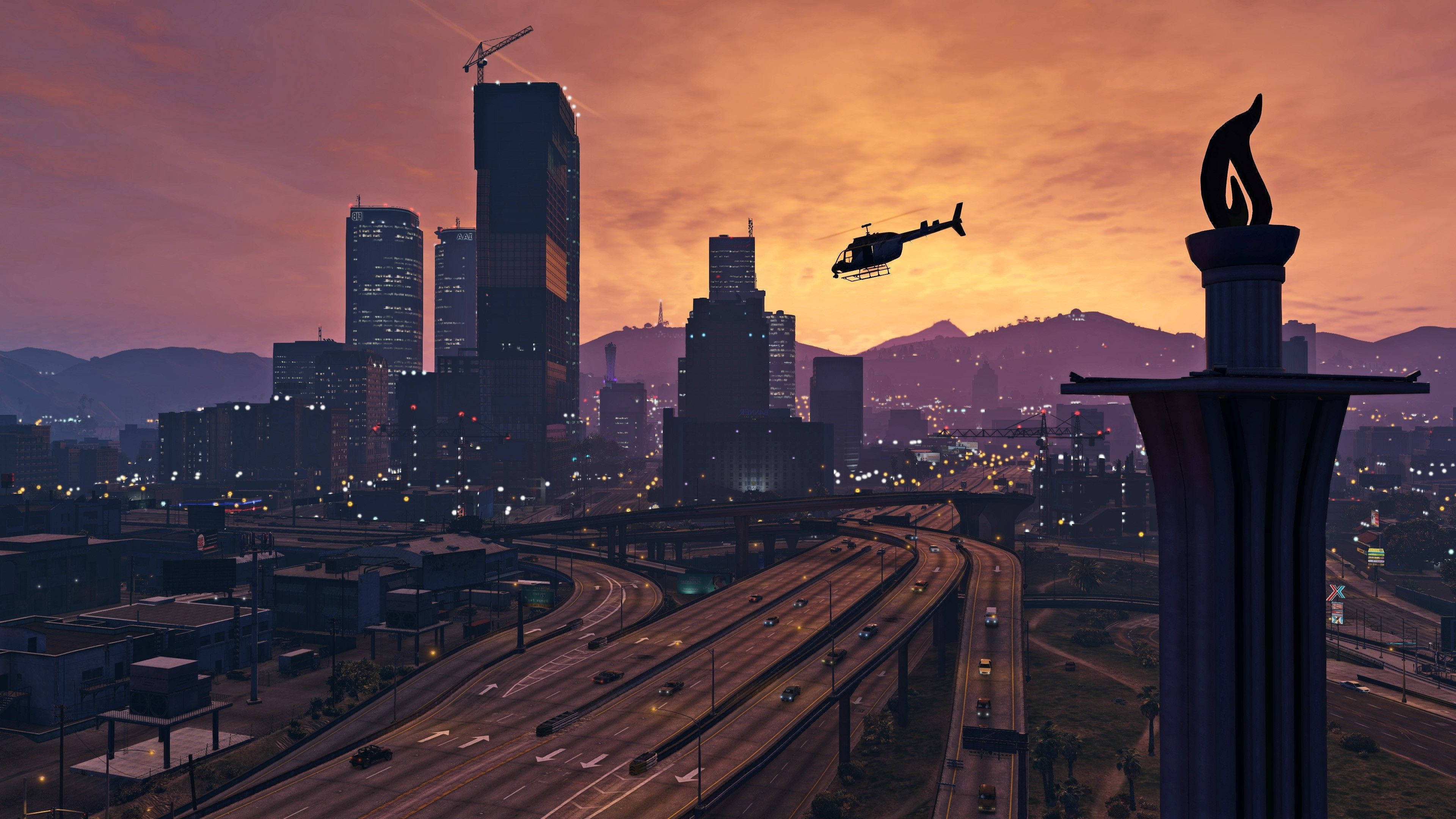 helicopter, cityscape, sunset, 4K Desktop Wallpaper