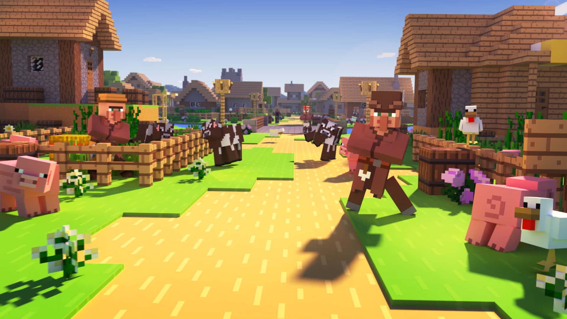 Minecraft village, pixelated villagers, animals, Full HD Desktop Wallpaper