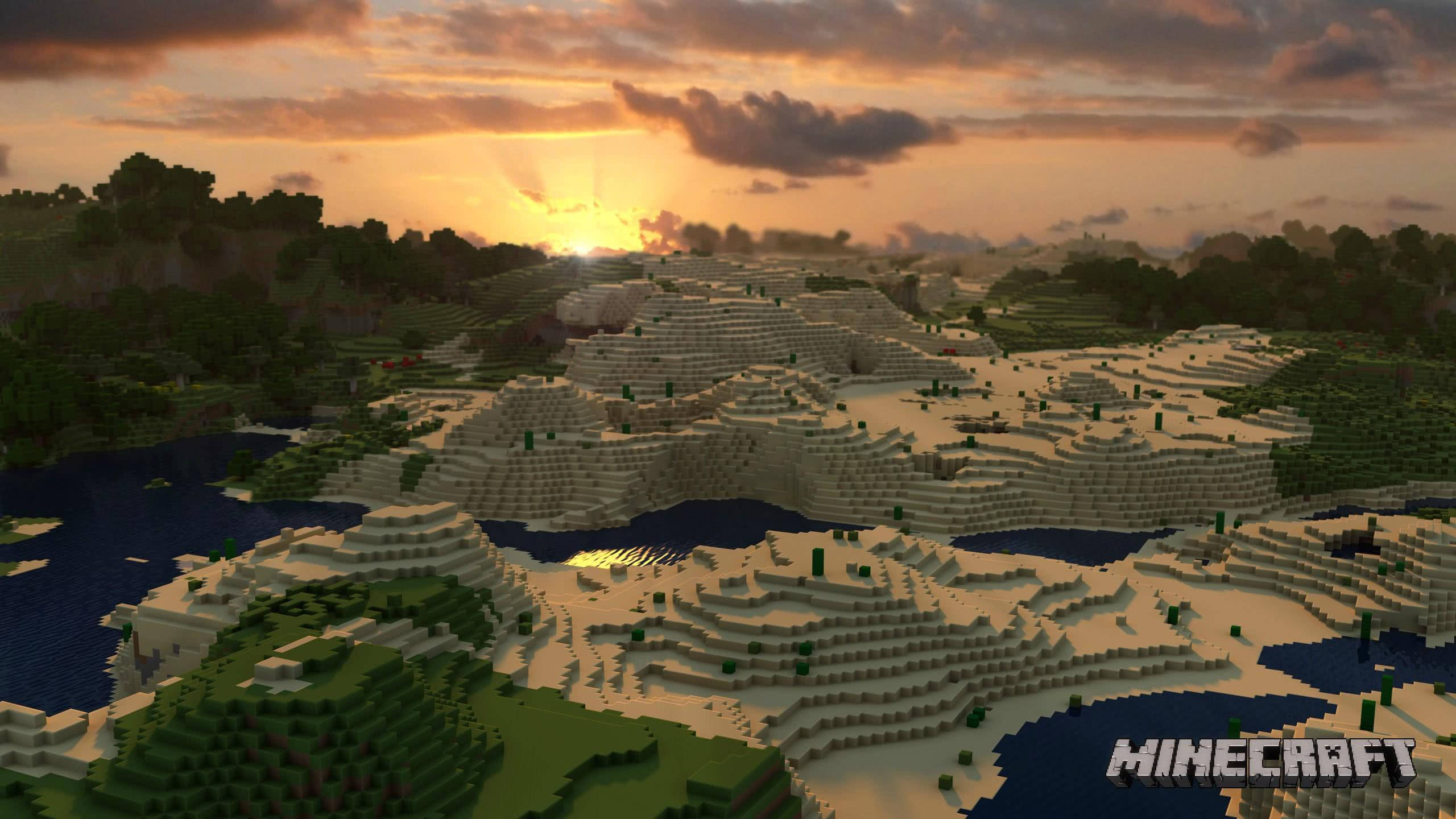 Minecraft landscape, sunset, blocky mountains, 2K Desktop Wallpaper