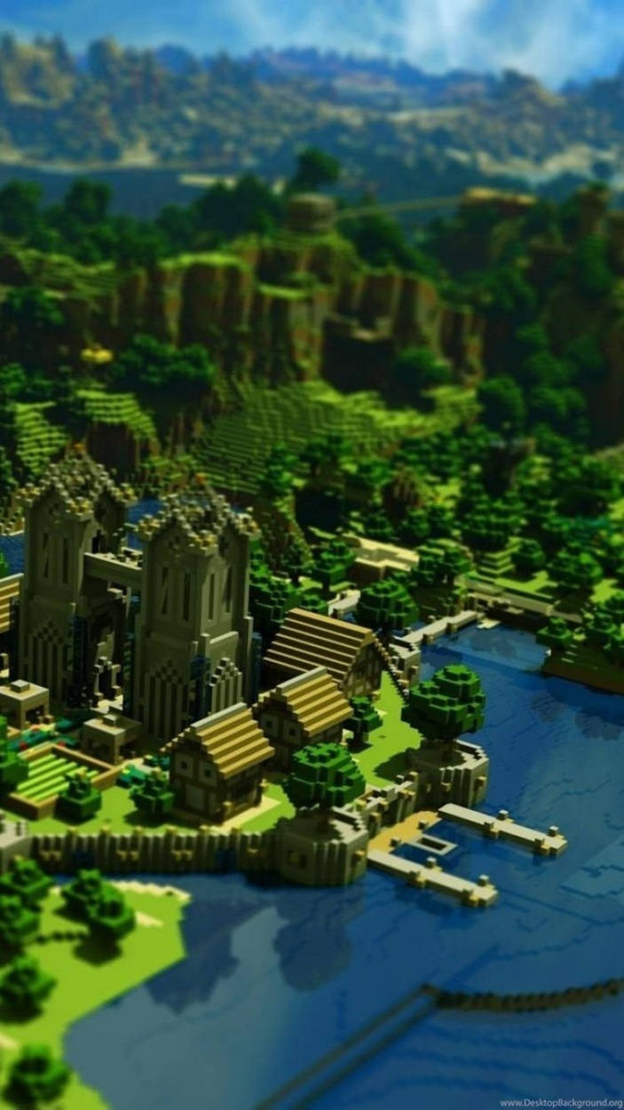Minecraft, village, blocky stone buildings, SD Phone Wallpaper
