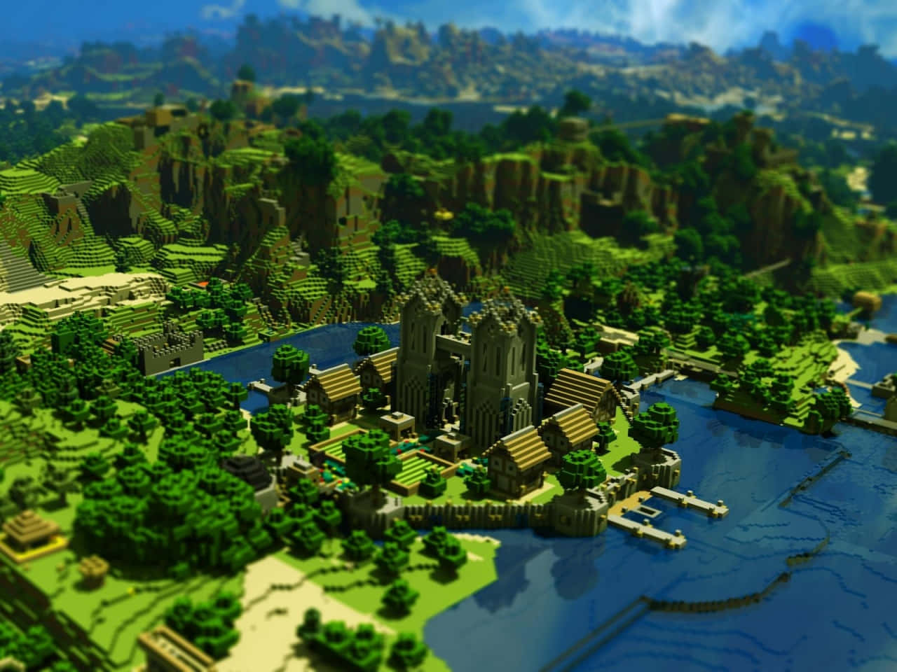 Minecraft, Minecraft-style castle town, blue river, HD Desktop Wallpaper