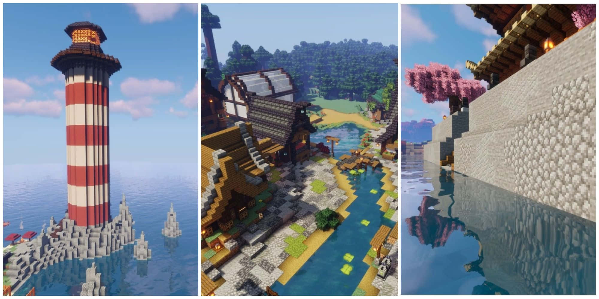 Minecraft, red and white striped lighthouse, coastal village, Full HD Desktop Wallpaper