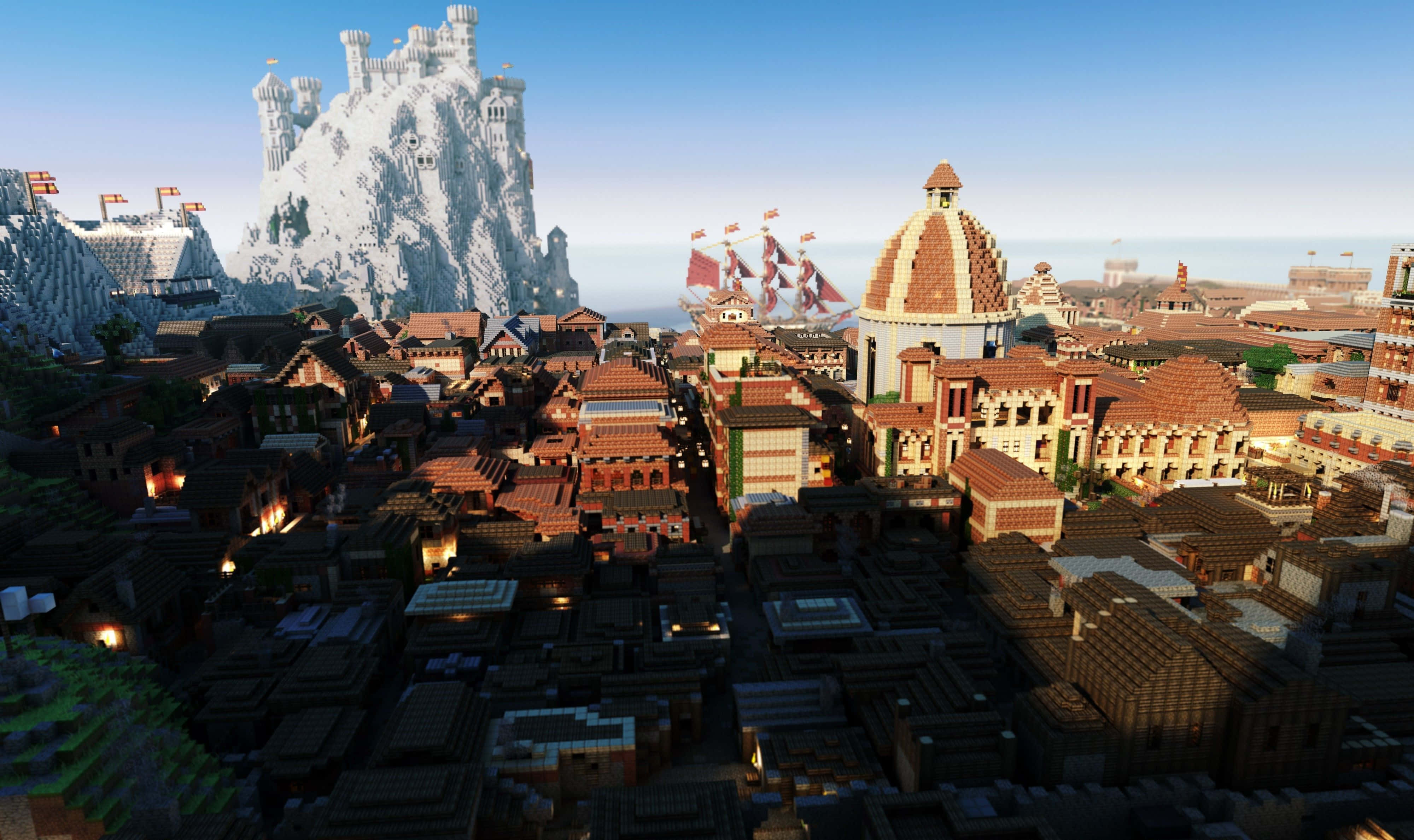 Minecraft City, medieval city, red-tiled roofs, 4K Desktop Wallpaper