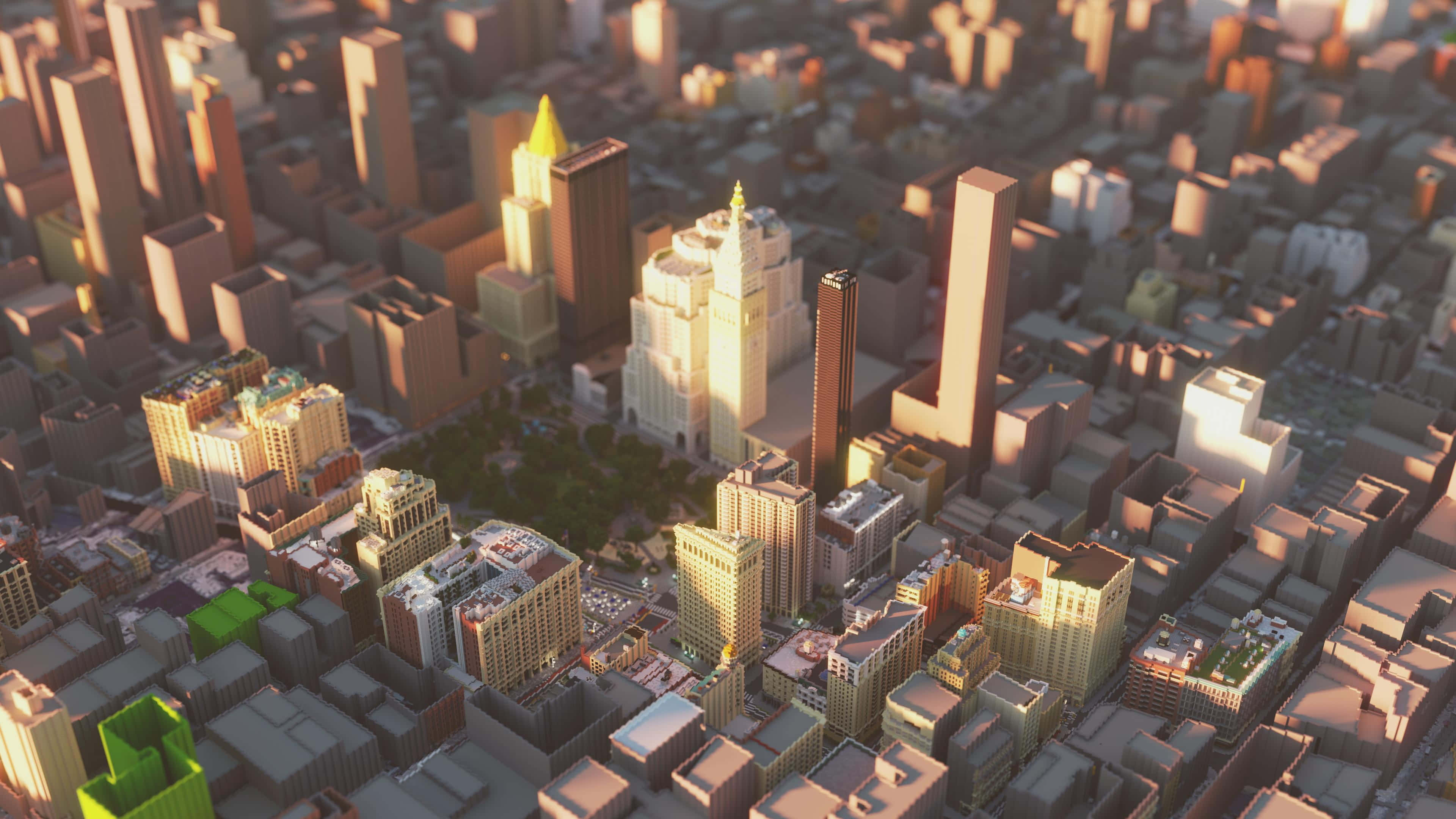 Minecraft City, golden sunset, towering skyscrapers, 4K Desktop Wallpaper