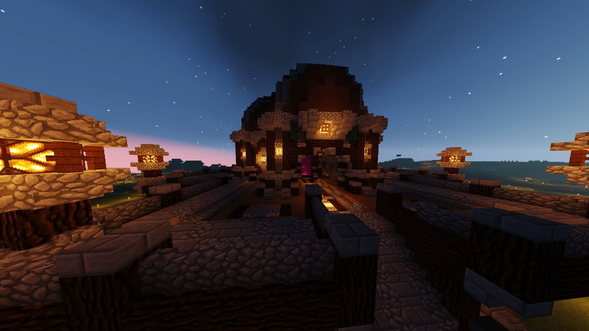Minecraft, village, twilight, Full HD Desktop Wallpaper