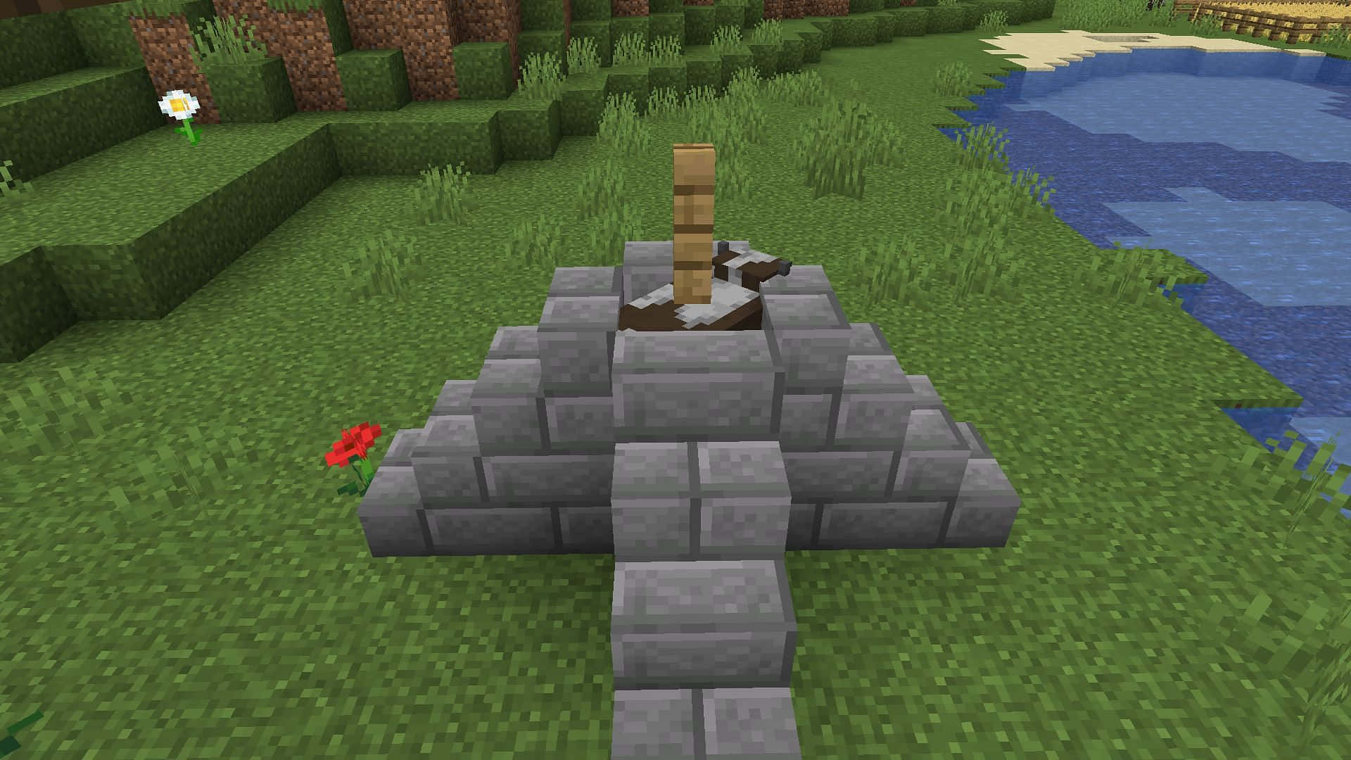 Minecraft Cow, stone monument, wooden post, Full HD Desktop Wallpaper