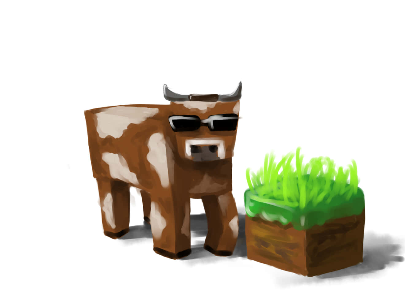 Minecraft Cow, sunglasses, grassy block, HD Desktop Wallpaper