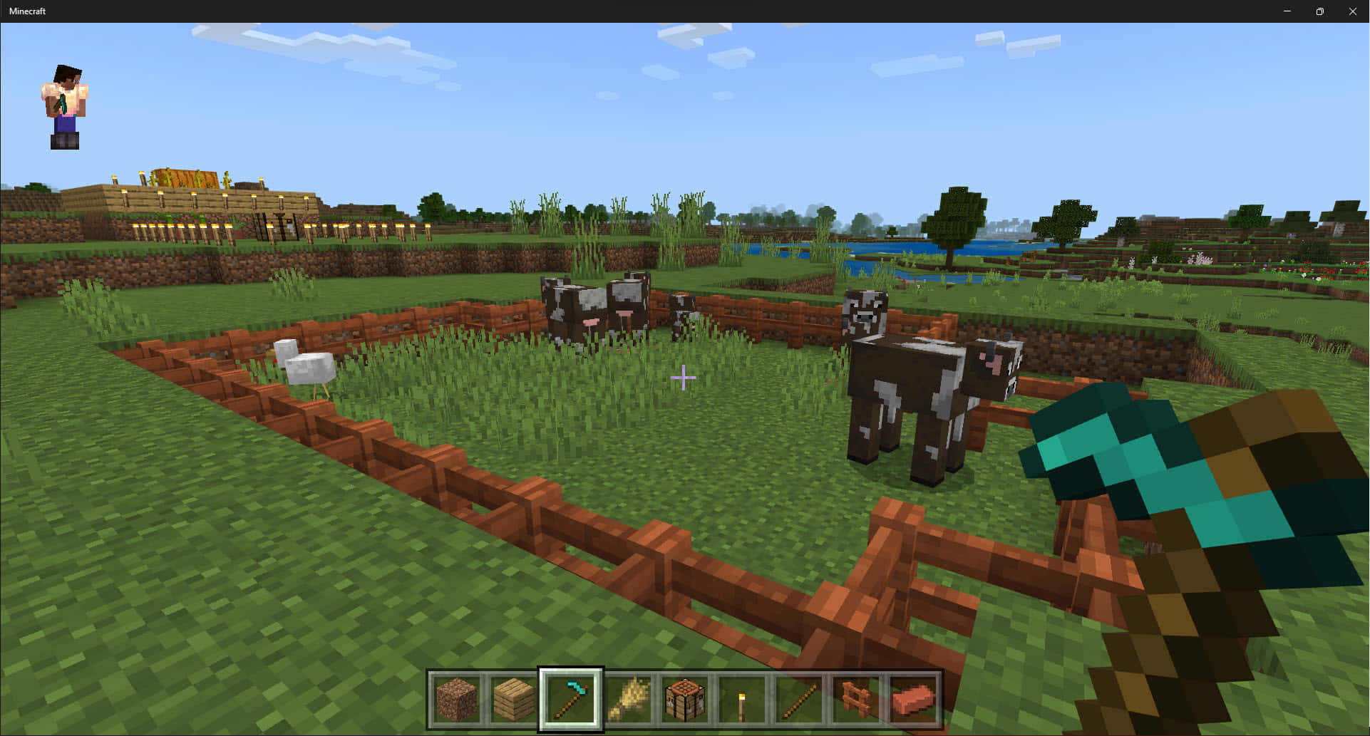 Minecraft Cow, diamond axe, grassy farm, Full HD Desktop Wallpaper