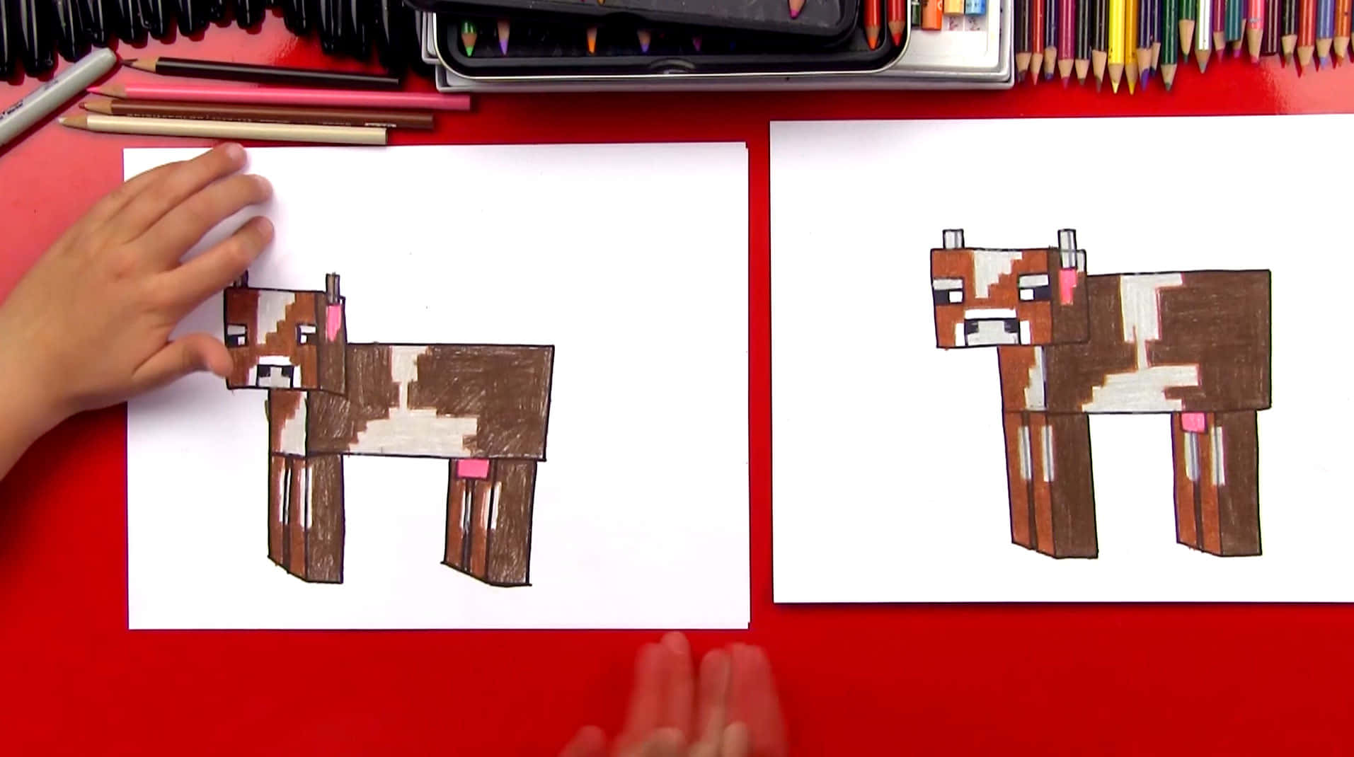 Minecraft Cow, pixelated grass field, colored pencil drawings, HD Desktop Wallpaper