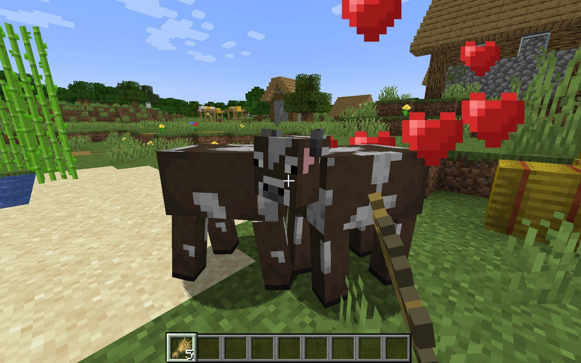 Minecraft cow, pixelated world, grassy village scene, Full HD Desktop Wallpaper