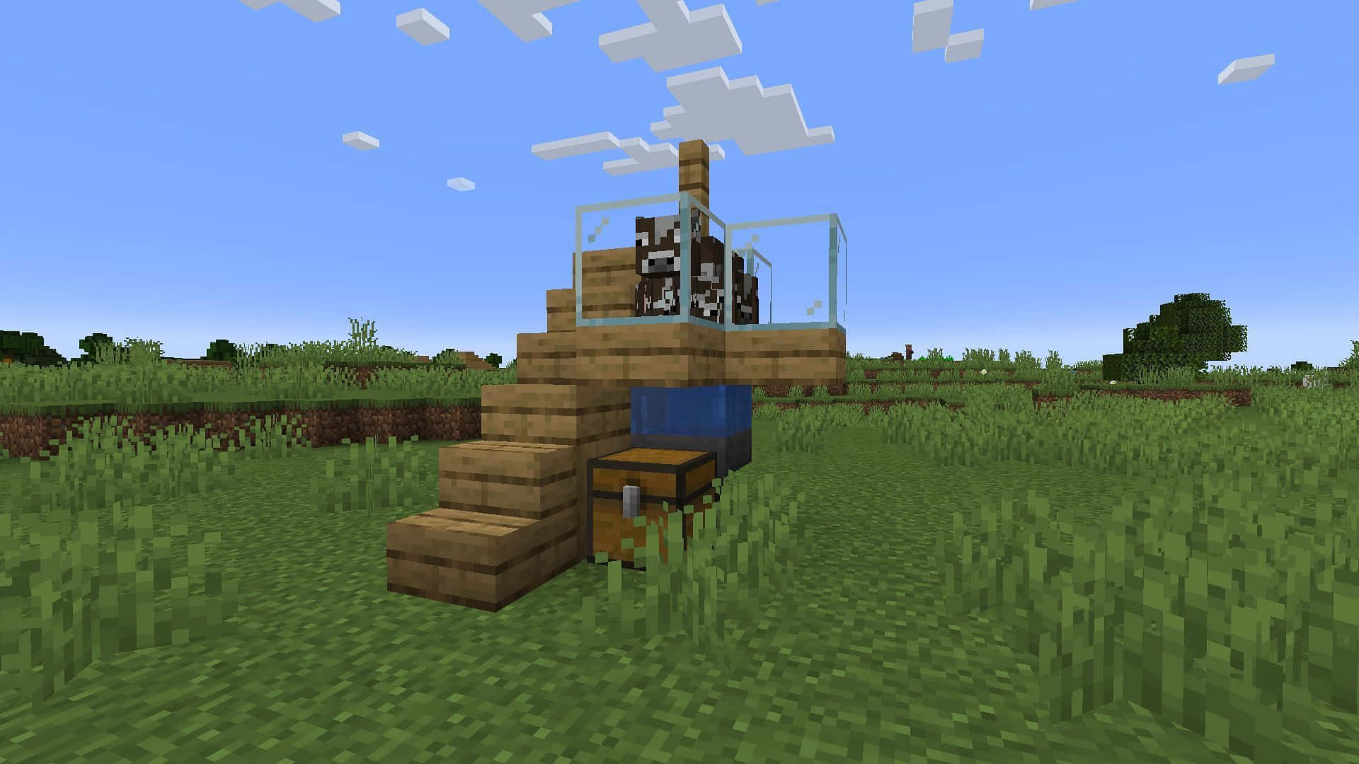 Minecraft Cow, pixelated Minecraft player, wooden structure, Full HD Desktop Wallpaper