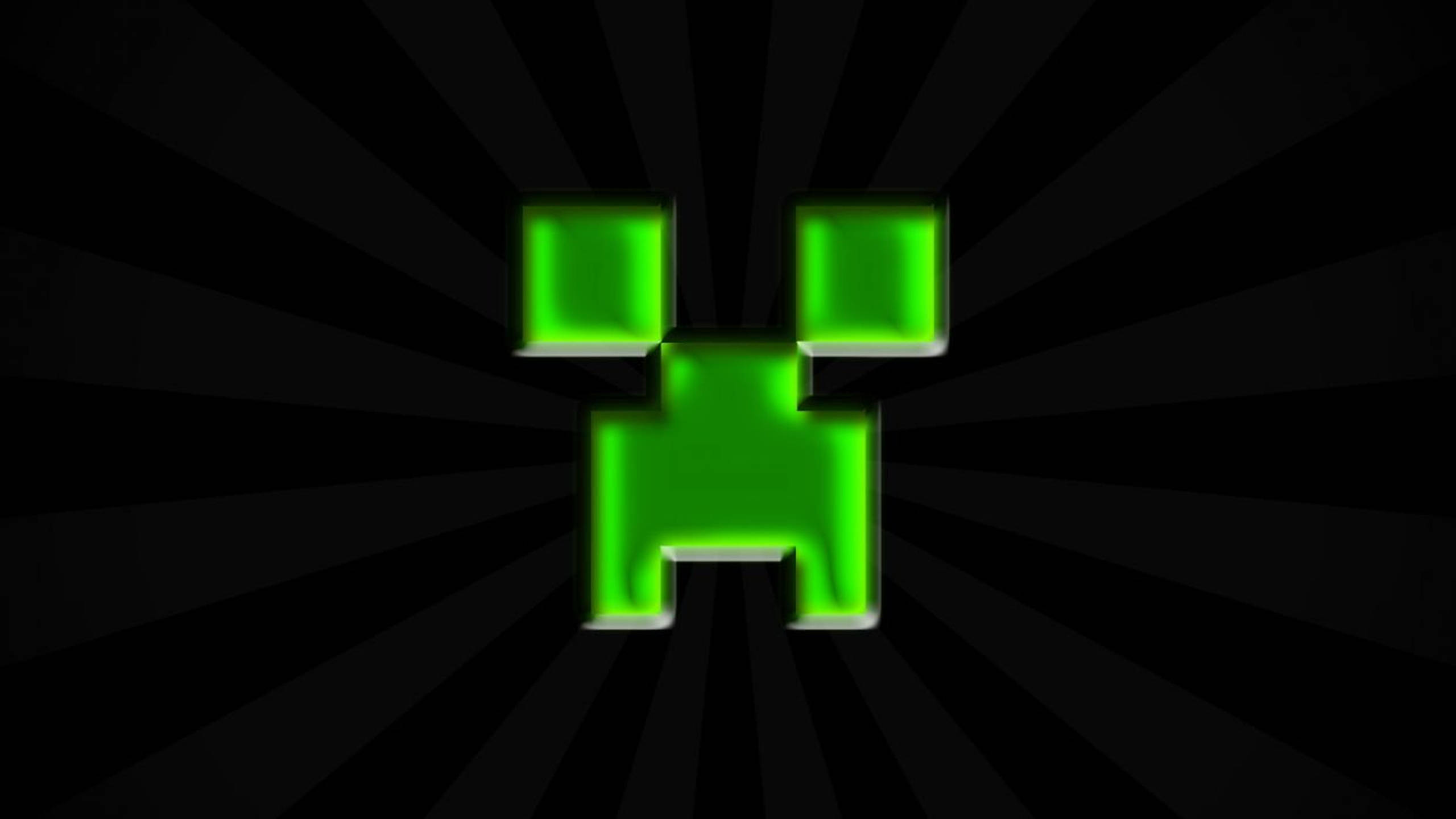 Minecraft Creeper, green creeper face, black radial burst background, 2K Desktop Wallpaper