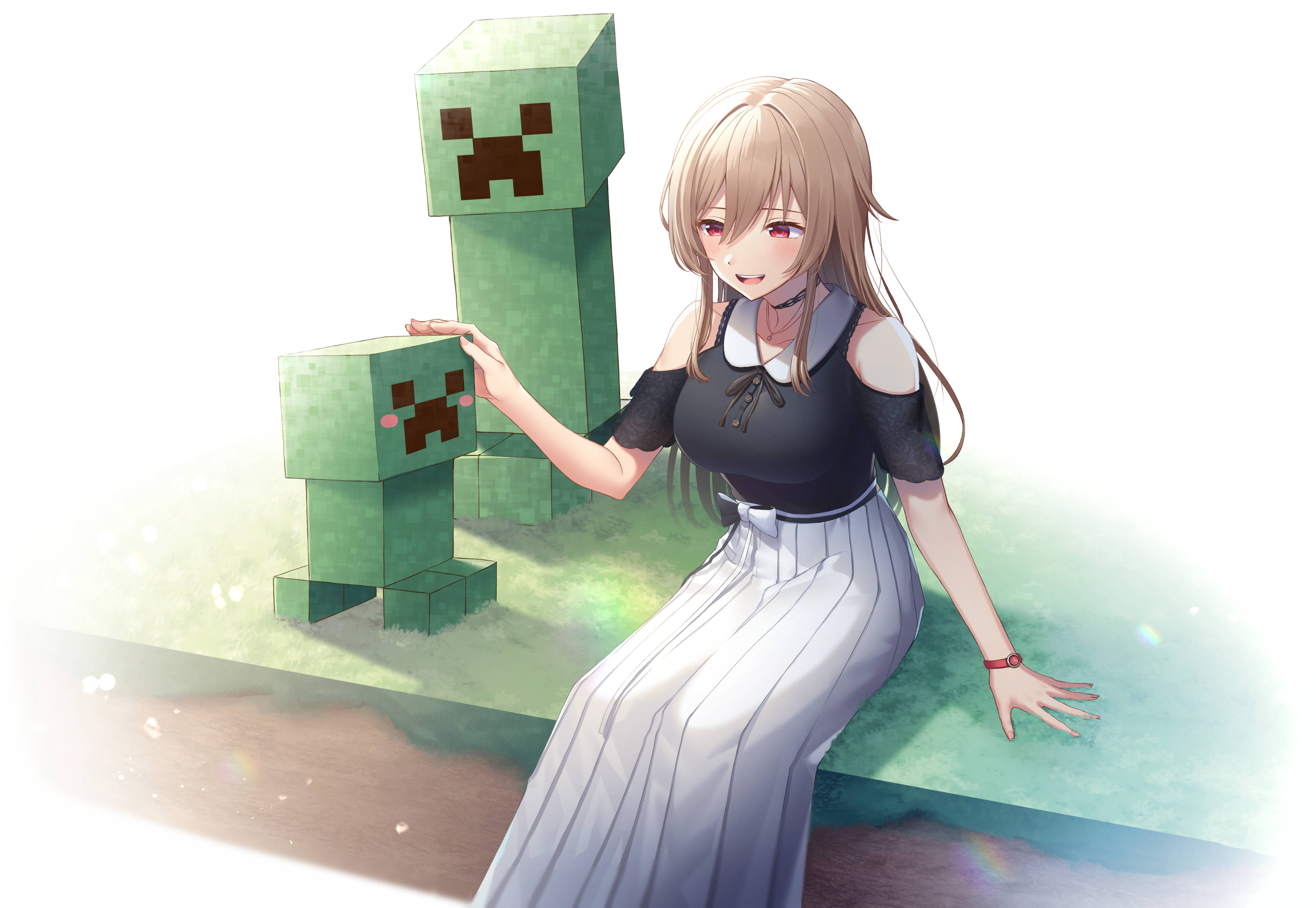 Minecraft Creeper, anime girl, black top, 4K Desktop Wallpaper