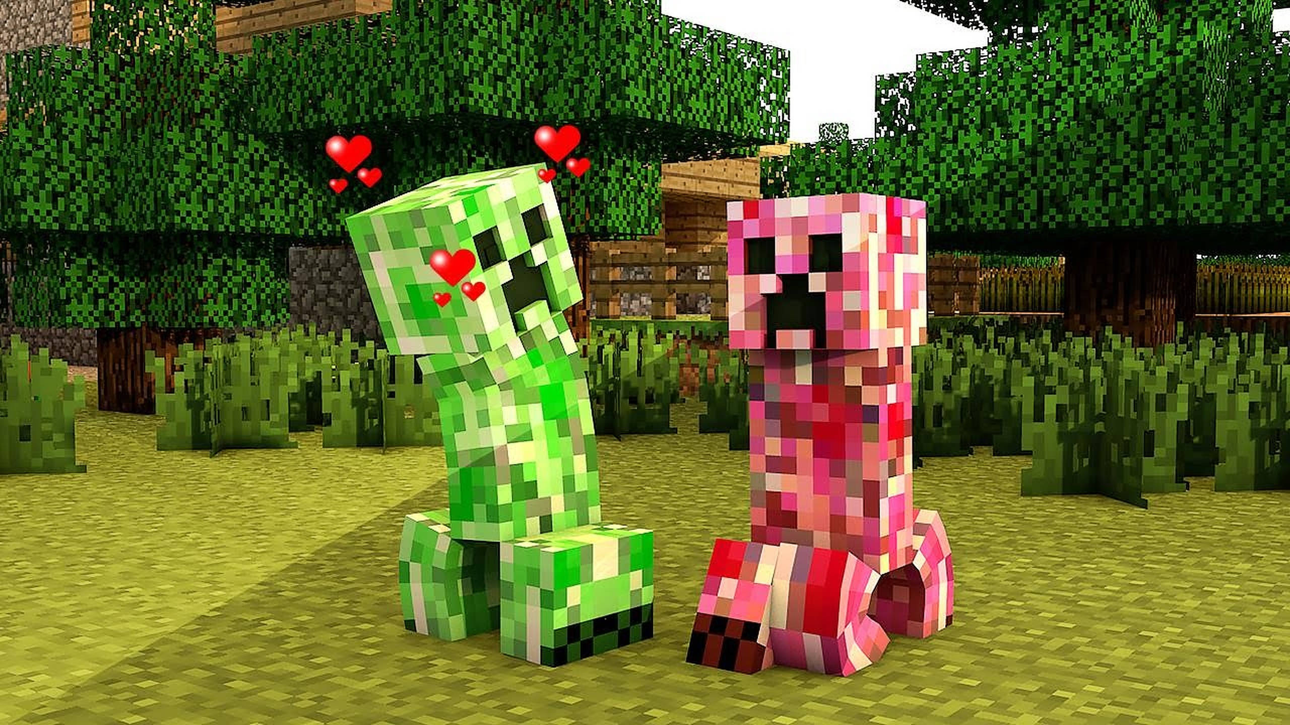Minecraft Creeper, pink creeper, grassy forest, 2K Desktop Wallpaper