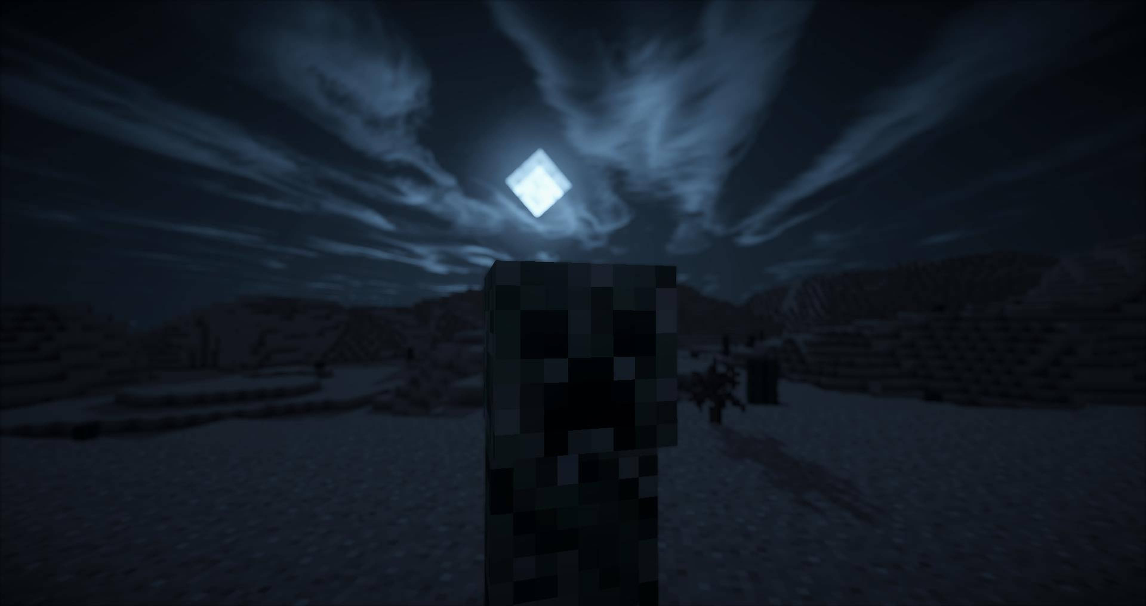 Minecraft Creeper, snowy Minecraft landscape, glowing diamond moon, 4K Desktop Wallpaper