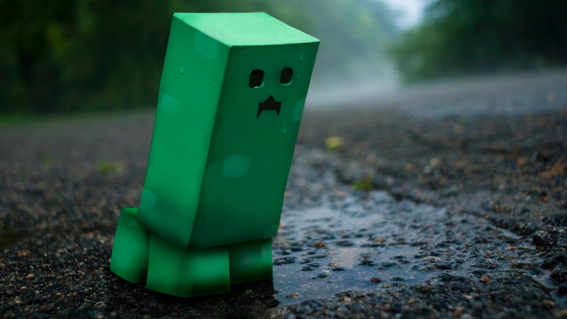 Minecraft Creeper, green blocky creeper, wet asphalt road, Full HD Desktop Wallpaper