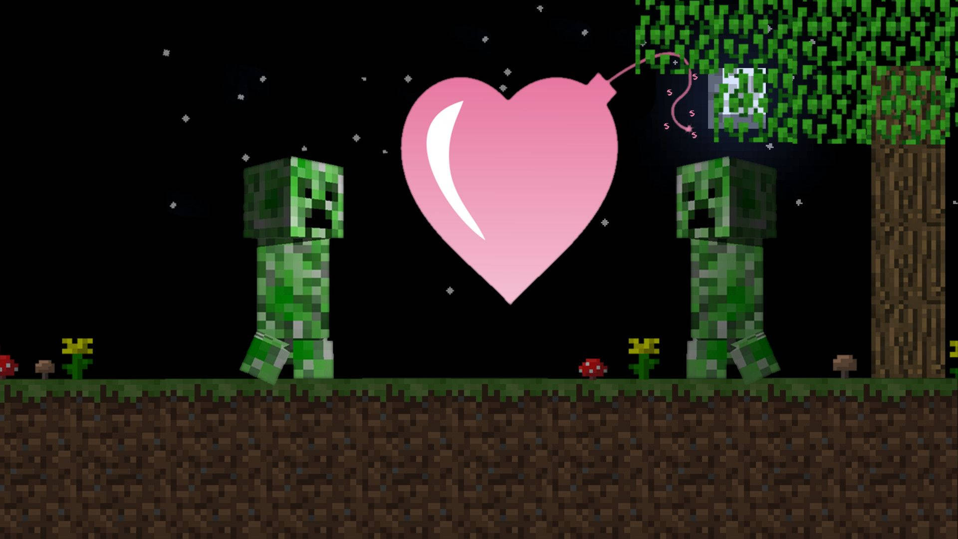 Minecraft Creeper, pink heart, starry sky, Full HD Desktop Wallpaper