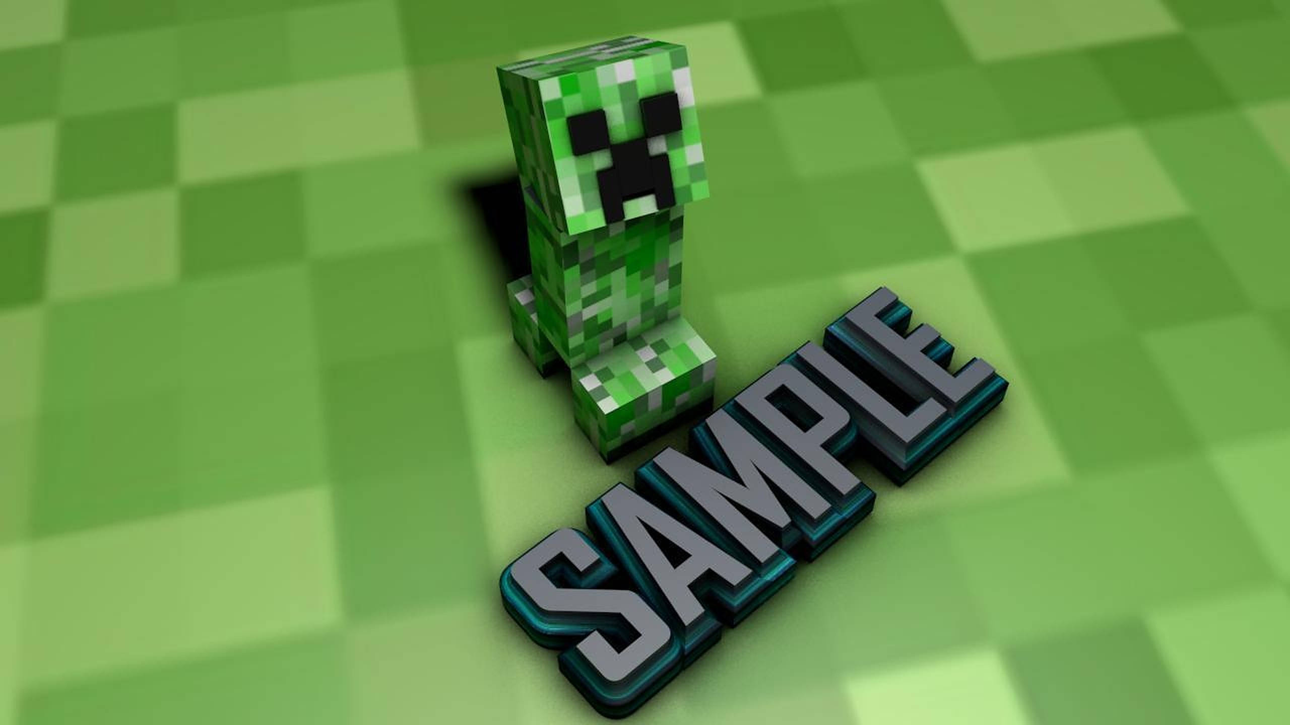 Minecraft Creeper, pixelated green creeper, checkered grass block, 2K Desktop Wallpaper