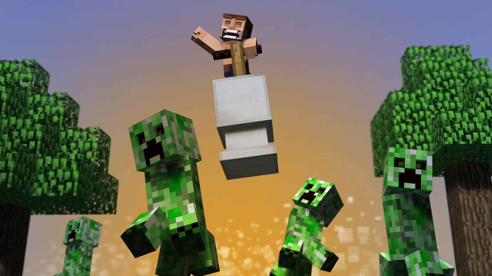 Minecraft Creeper, Minecraft player character, blocky forest, Full HD Desktop Wallpaper