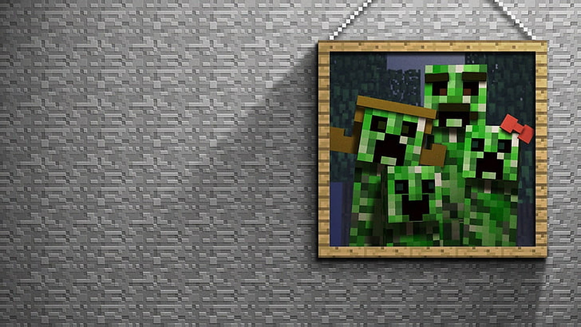 Minecraft Creeper, framed, gray pixelated wall, Full HD Desktop Wallpaper