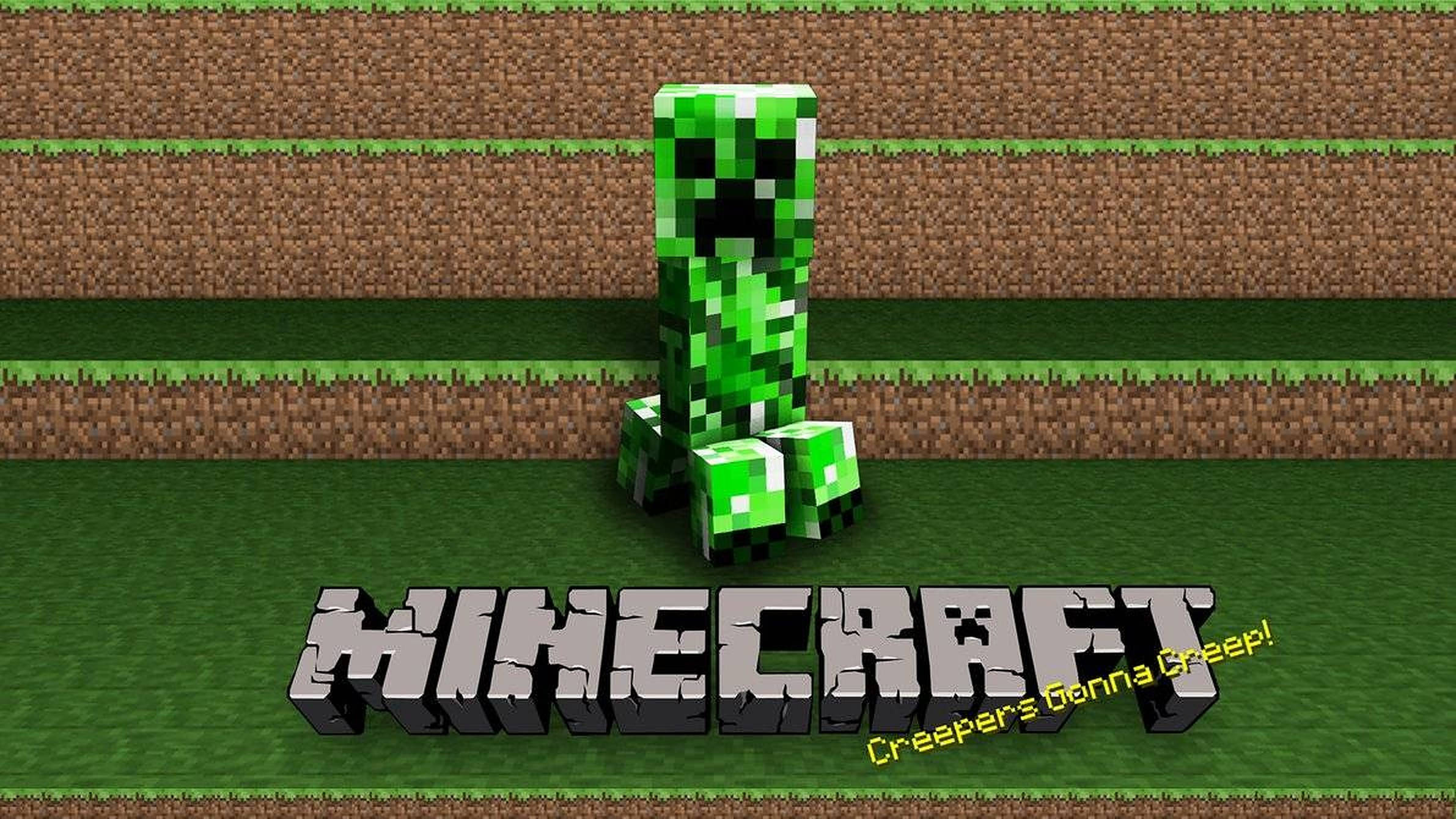Minecraft Creeper, grass blocks, Minecraft logo, Full HD Desktop Wallpaper