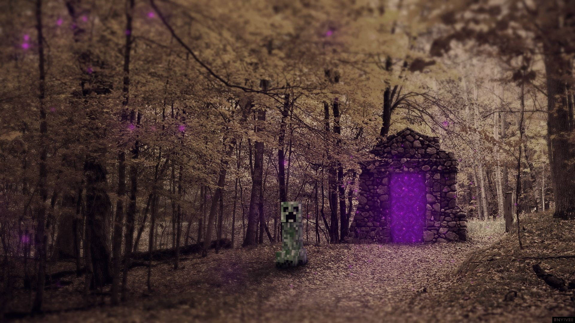 Minecraft Creeper, glowing purple door, misty autumn forest, Full HD Desktop Wallpaper