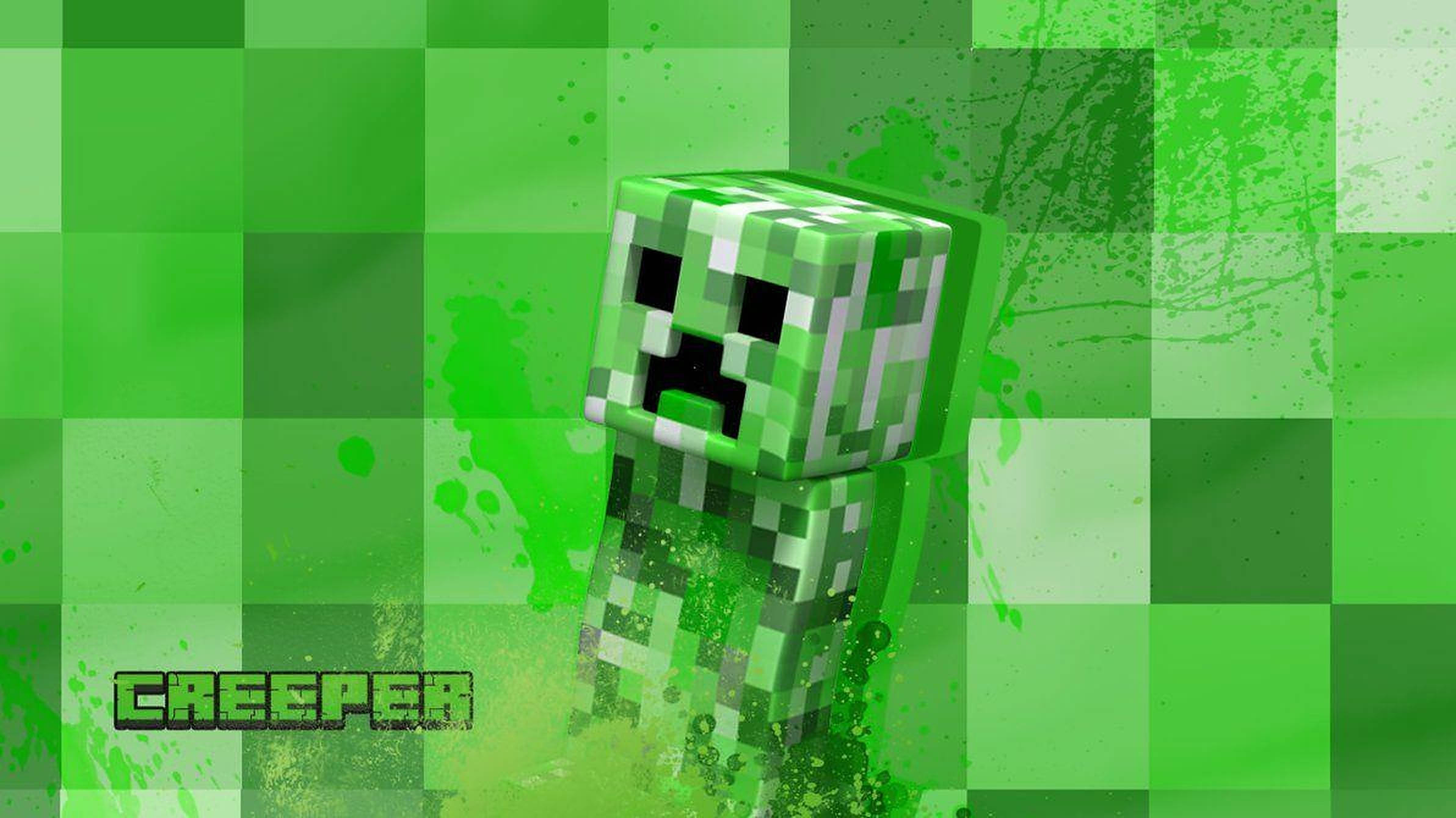 Minecraft Creeper, pixelated green creeper, vibrant green checkered background, Full HD Desktop Wallpaper