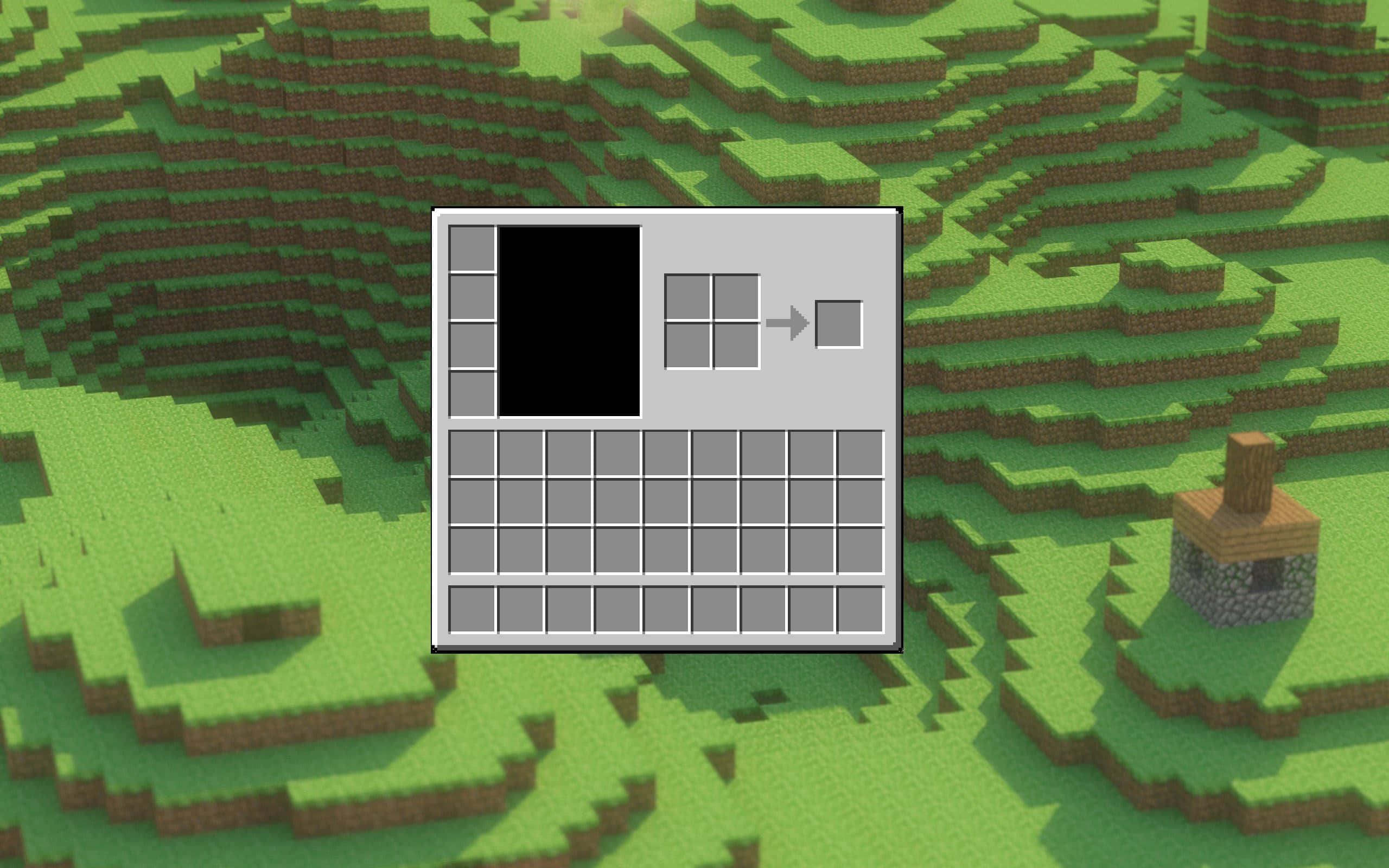 Minecraft inventory screen, blocky green and brown terrain, small stone house, 2K Desktop Wallpaper