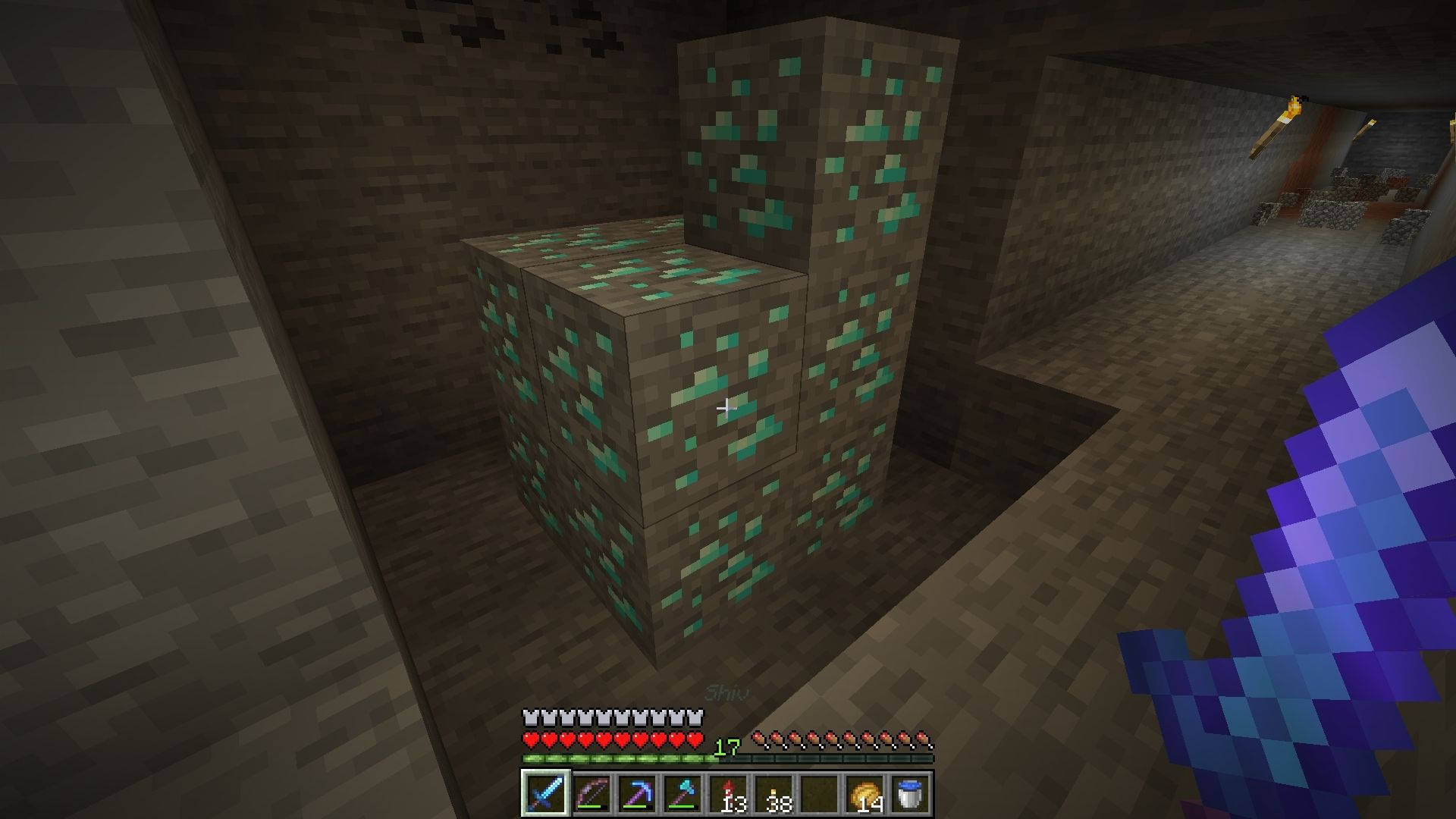 Minecraft, diamond sword, dimly lit underground cave, Full HD Desktop Wallpaper