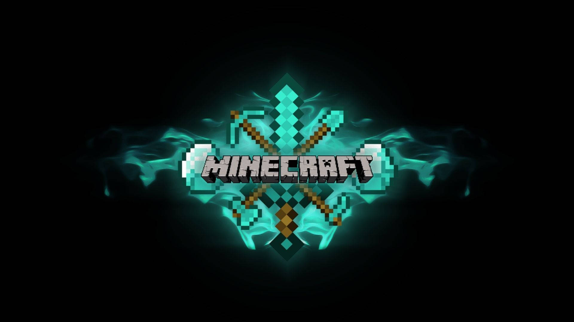 Minecraft, diamond weapons, teal pixelated tools, Full HD Desktop Wallpaper