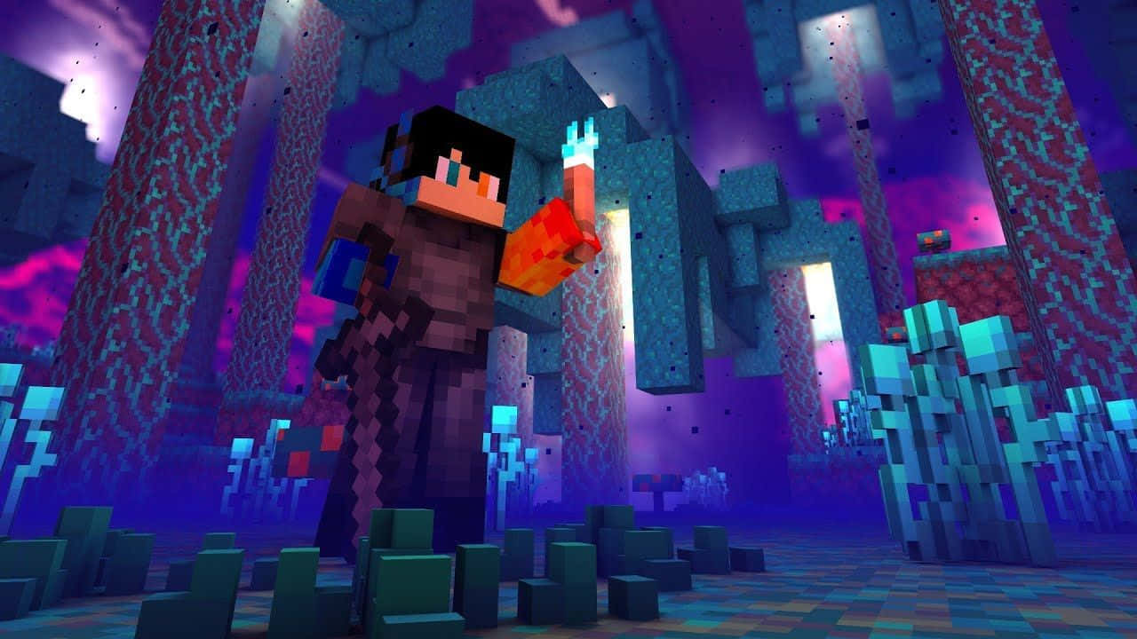 Minecraft Diamond Armor, glowing purple and blue nether fortress, torch, HD Desktop Wallpaper