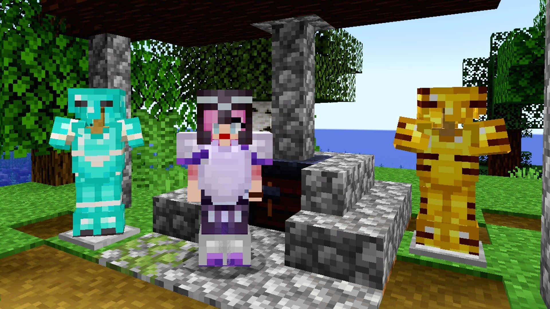 Minecraft Warrior, Diamond Armor, stone shelter, Full HD Desktop Wallpaper