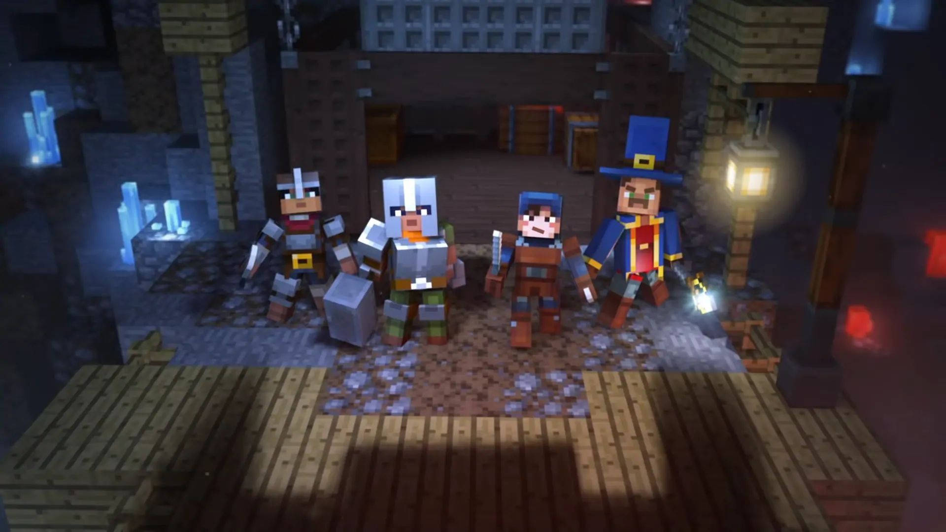Minecraft Dungeons, pixelated Minecraft adventurers, dimly lit wooden dungeon, Full HD Desktop Wallpaper